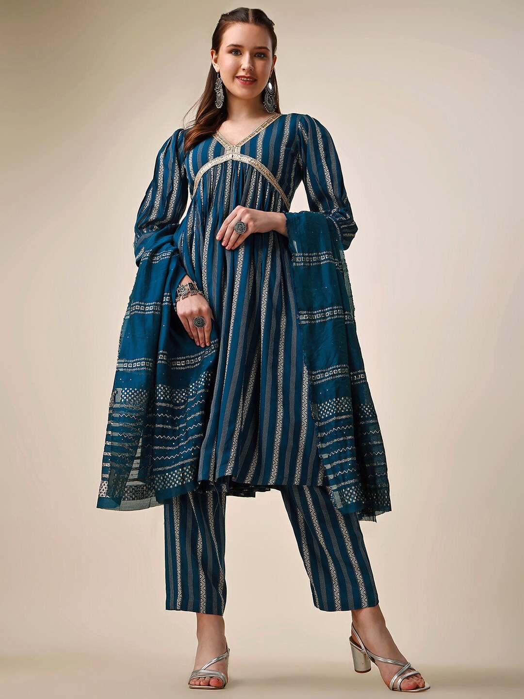 

JATRIQQ Striped Woven Design Gotta Patti Kurta With Trousers & Dupatta, Teal