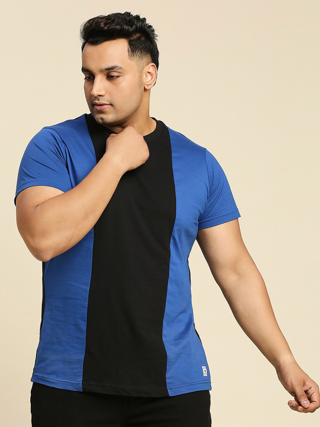 

Freeform by High Star Plus Size Colourblocked Round Neck Pure Cotton T-shirt, Black