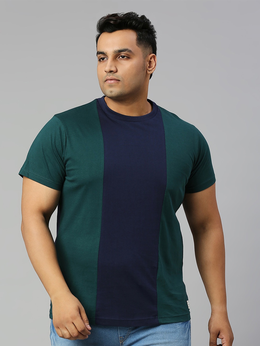 

Freeform by High Star Plus Size Blue & Green Colourblocked Round Neck Pure Cotton T-shirt, Navy blue