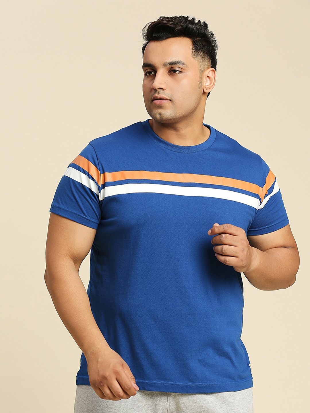

Freeform by High Star Plus Size Striped Cotton Knitted T-shirt, Blue
