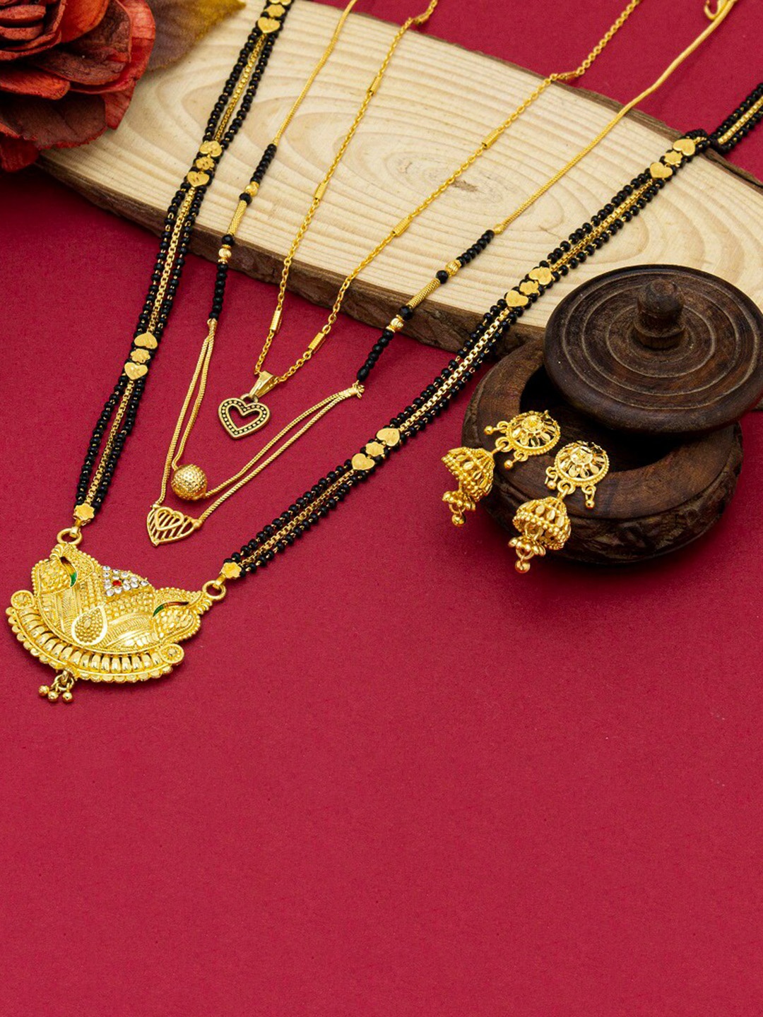 

Ramdev Art Fashion Jwellery Set Of 3 Gold-Plated Mangalsutra With Earrings