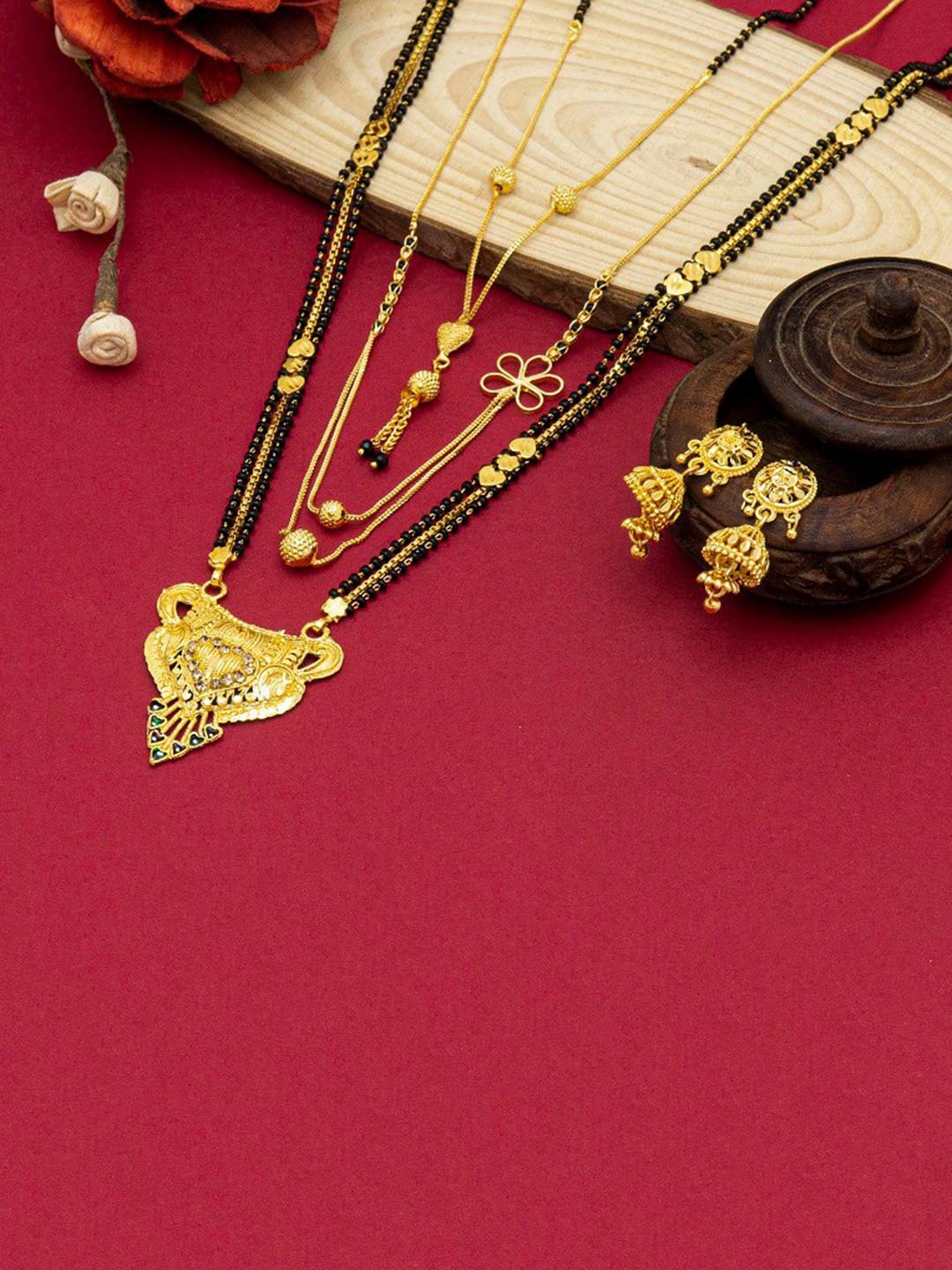 

Ramdev Art Fashion Jwellery Set Of 3 Gold-Plated Mangalsutra With Earrings