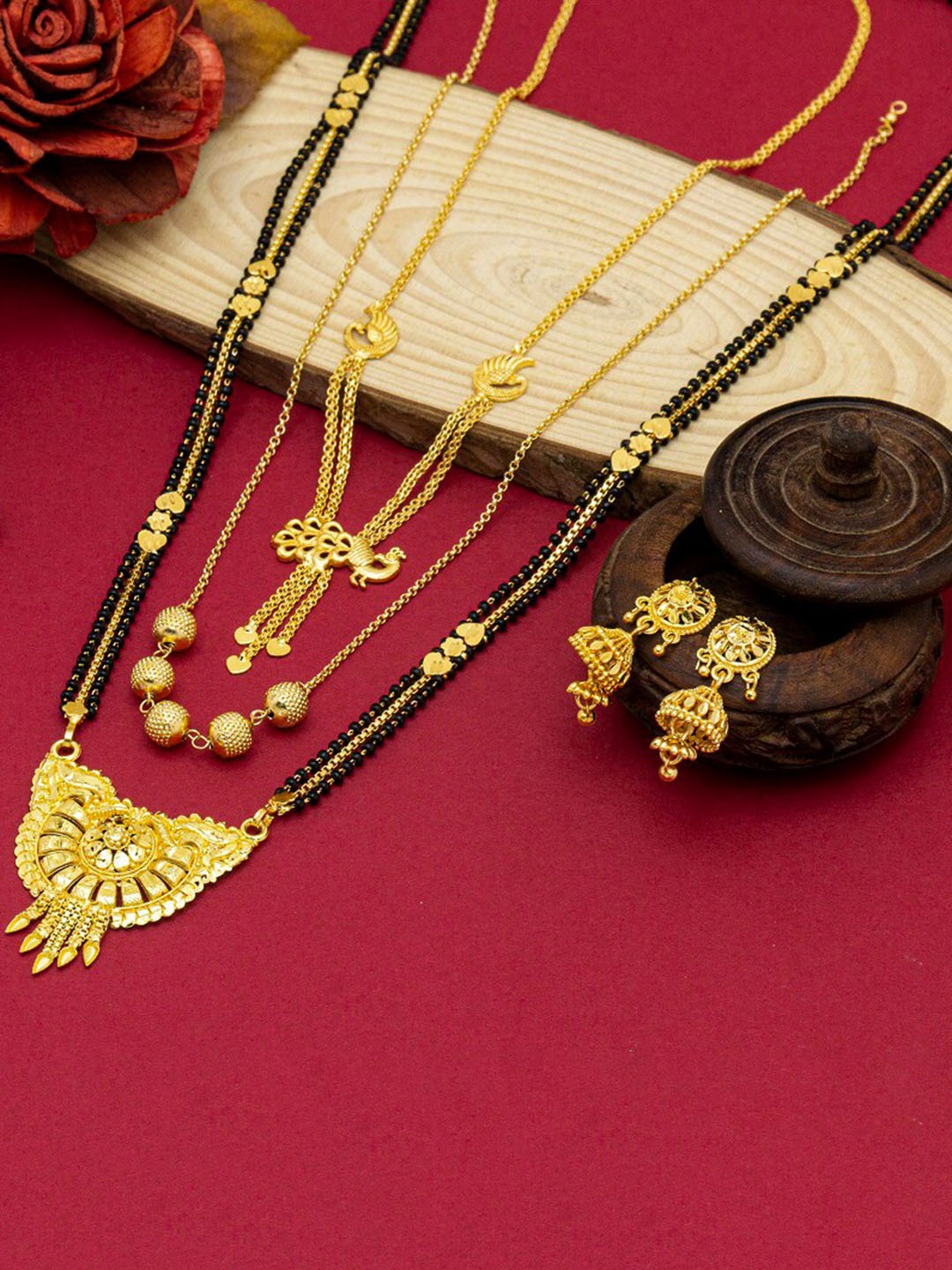 

Ramdev Art Fashion Jwellery Set Of 3 Gold-Plated Mangalsutra With Earrings
