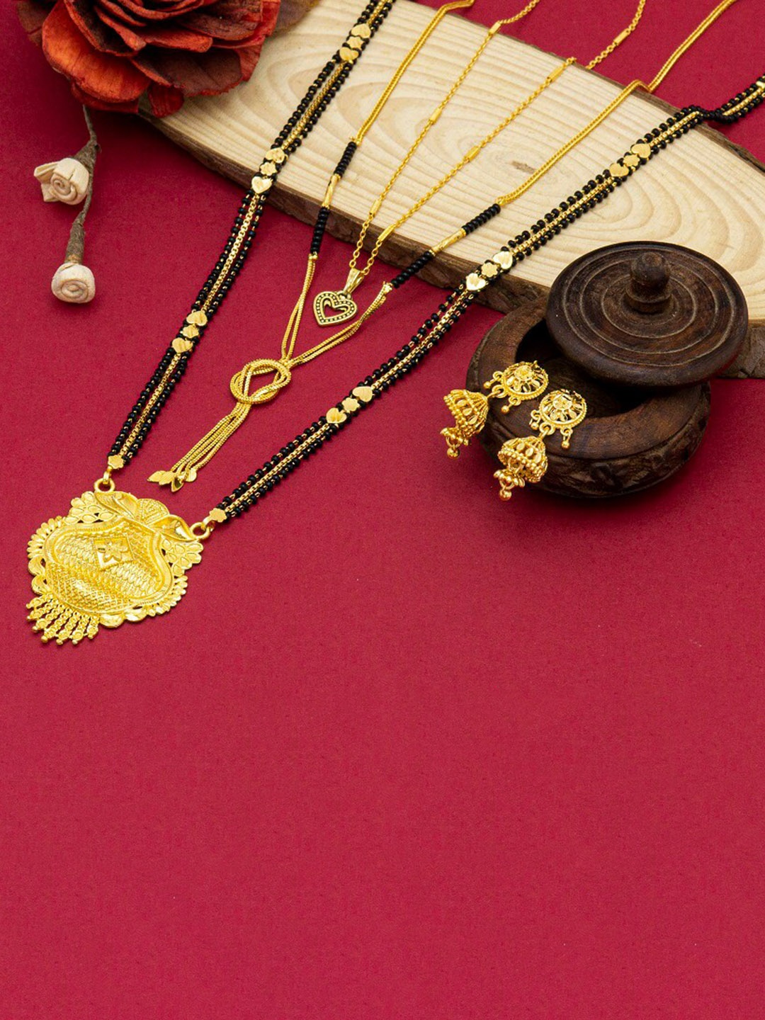 

Ramdev Art Fashion Jwellery Set Of 3 Gold-Plated Mangalsutra With Earrings