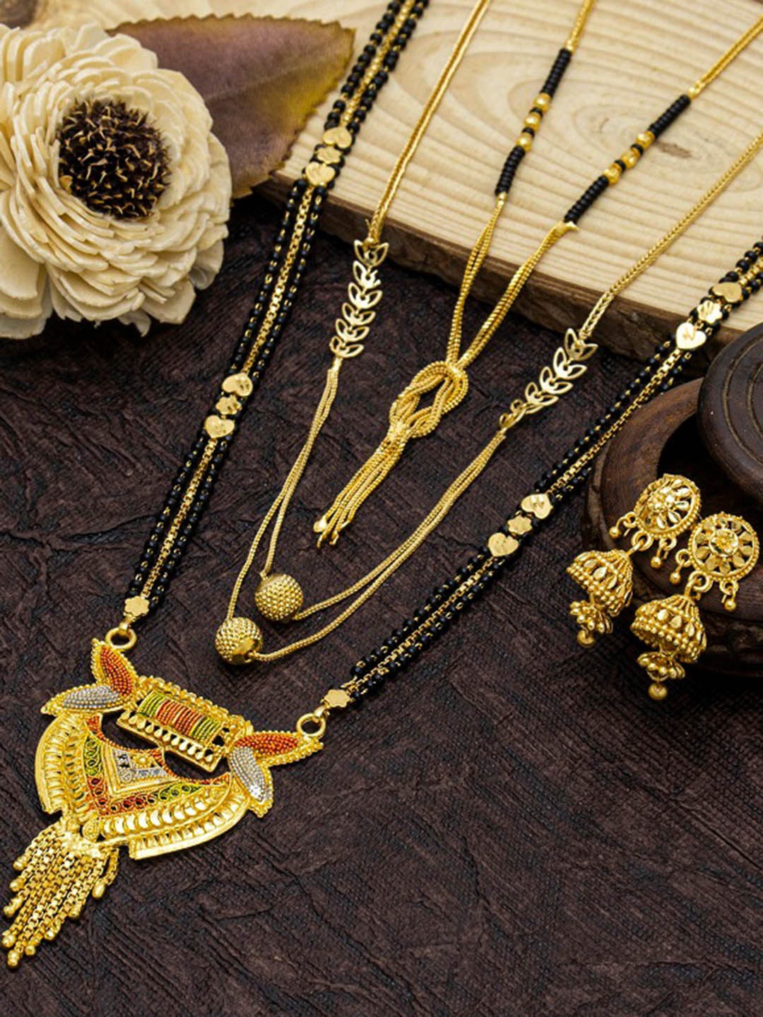 

Ramdev Art Fashion Jwellery Set Of 3 Gold-Plated Mangalsutra With Earrings