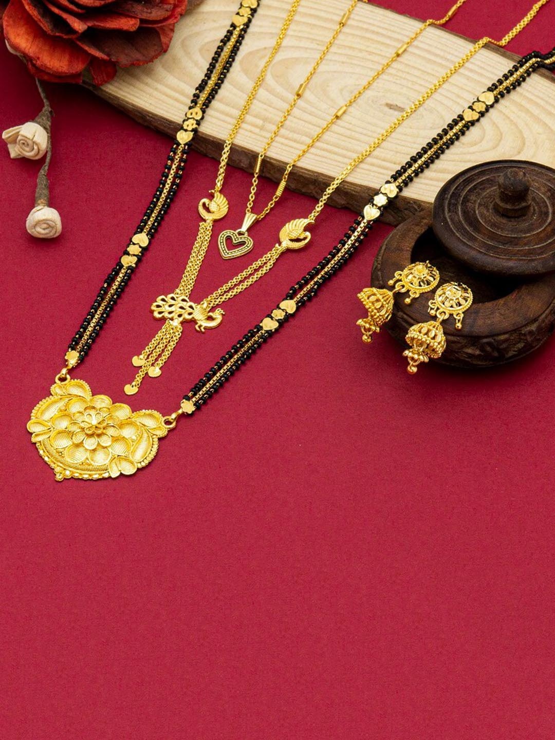 

Ramdev Art Fashion Jwellery Set Of 3 Gold-Plated Mangalsutra With Earrings