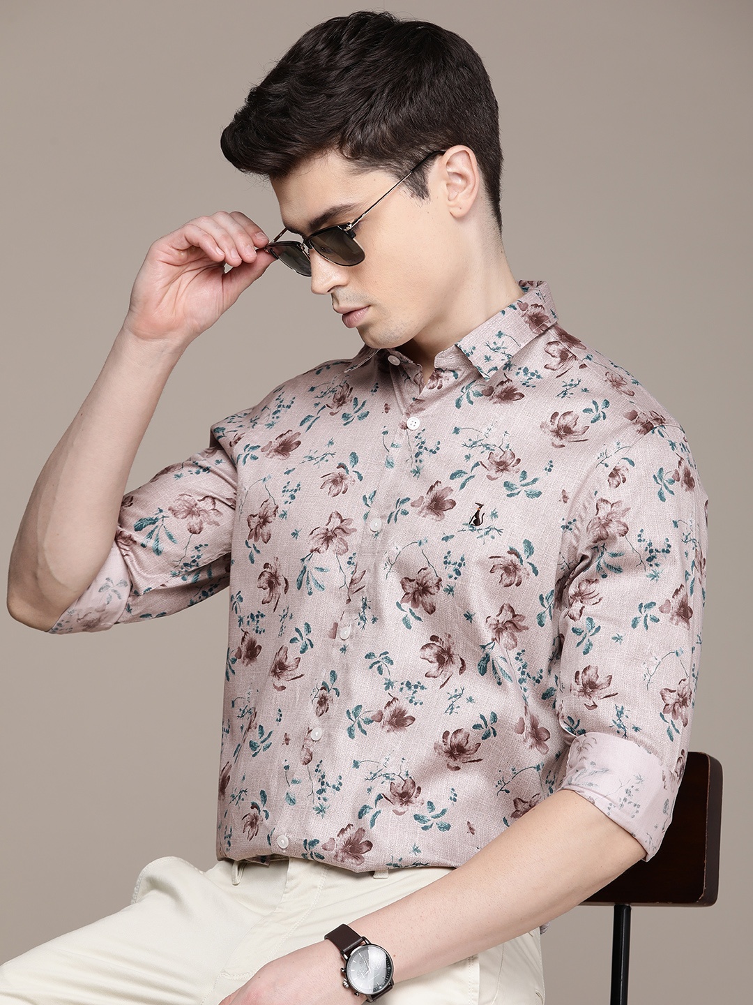 

SIMON CARTER LONDON Men Slim Fit Floral Printed Pure Cotton Casual Shirt, Mauve