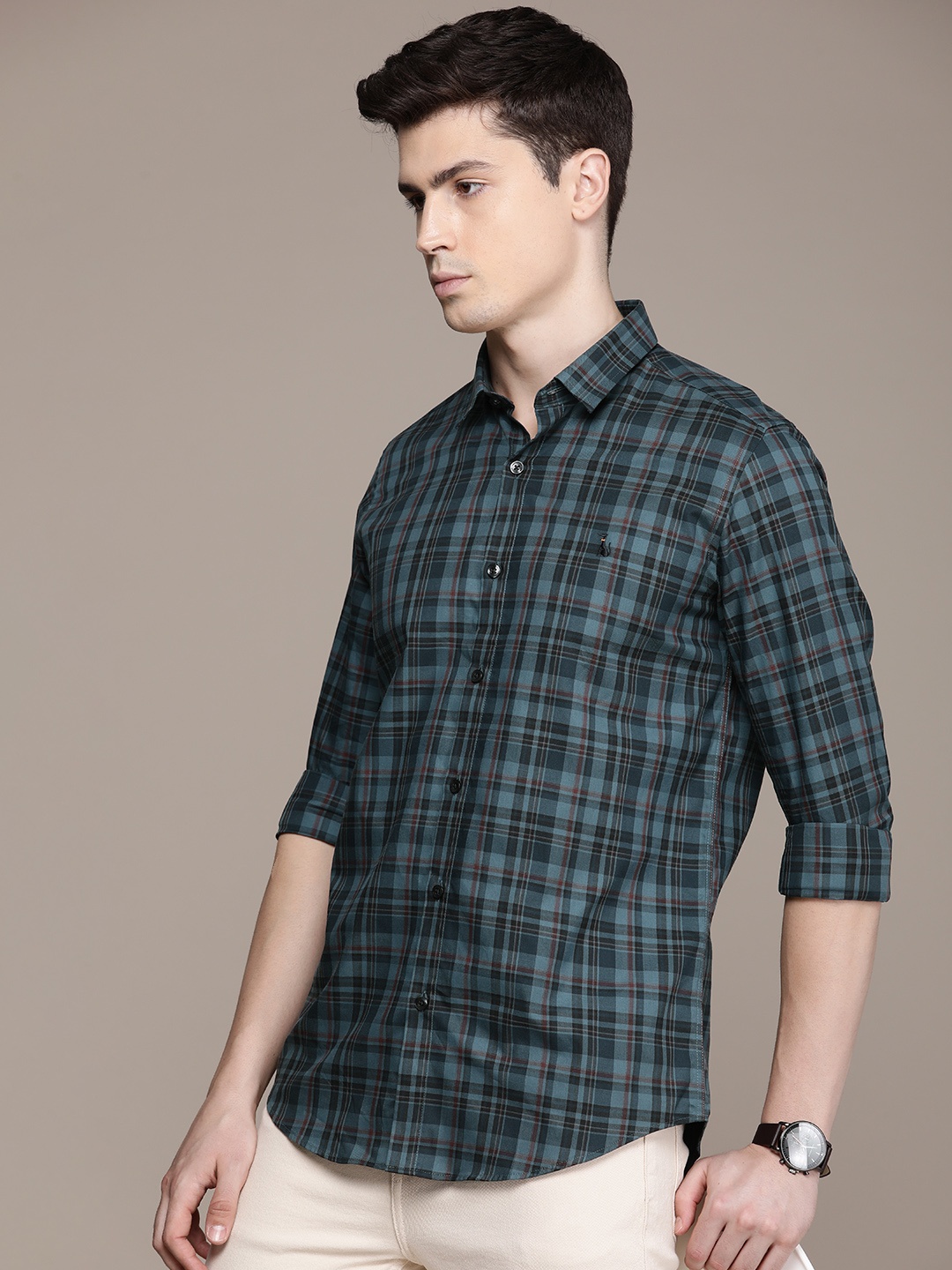 

SIMON CARTER LONDON Men Slim Fit Checked Pure Cotton Casual Shirt, Blue
