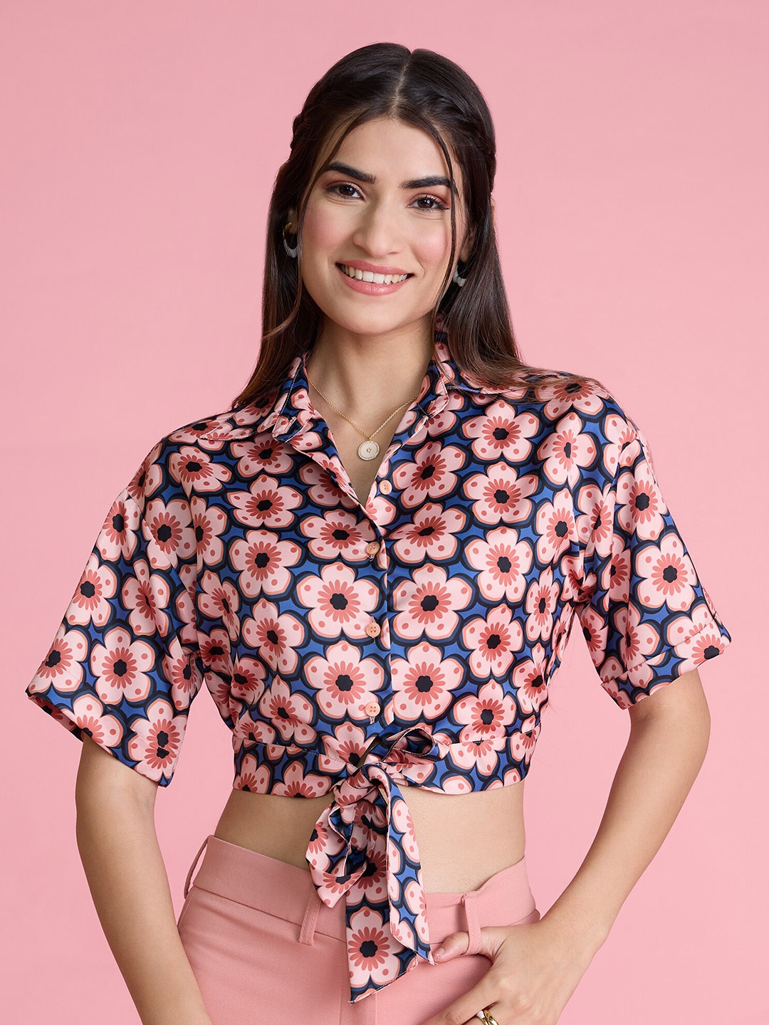 

20Dresses Pink & Blue Floral Printed Waist Tie-Up Casual Shirt