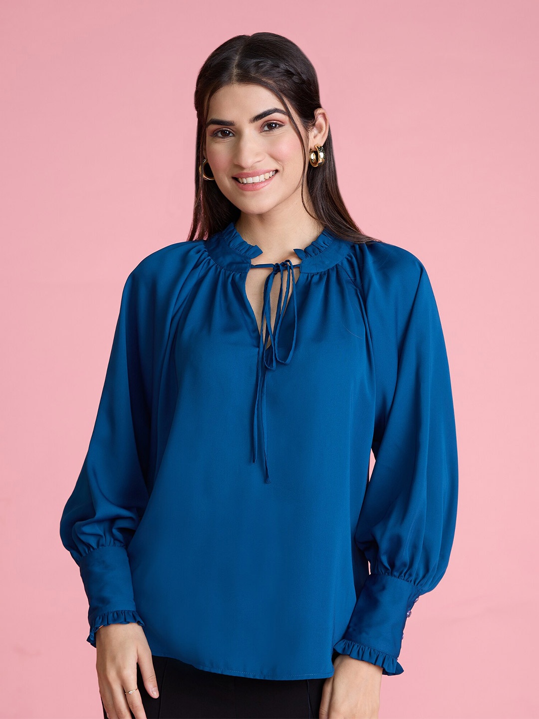 

20Dresses Teal Tie-Up Neck Cuffed Sleeves Ruffled Crepe Top