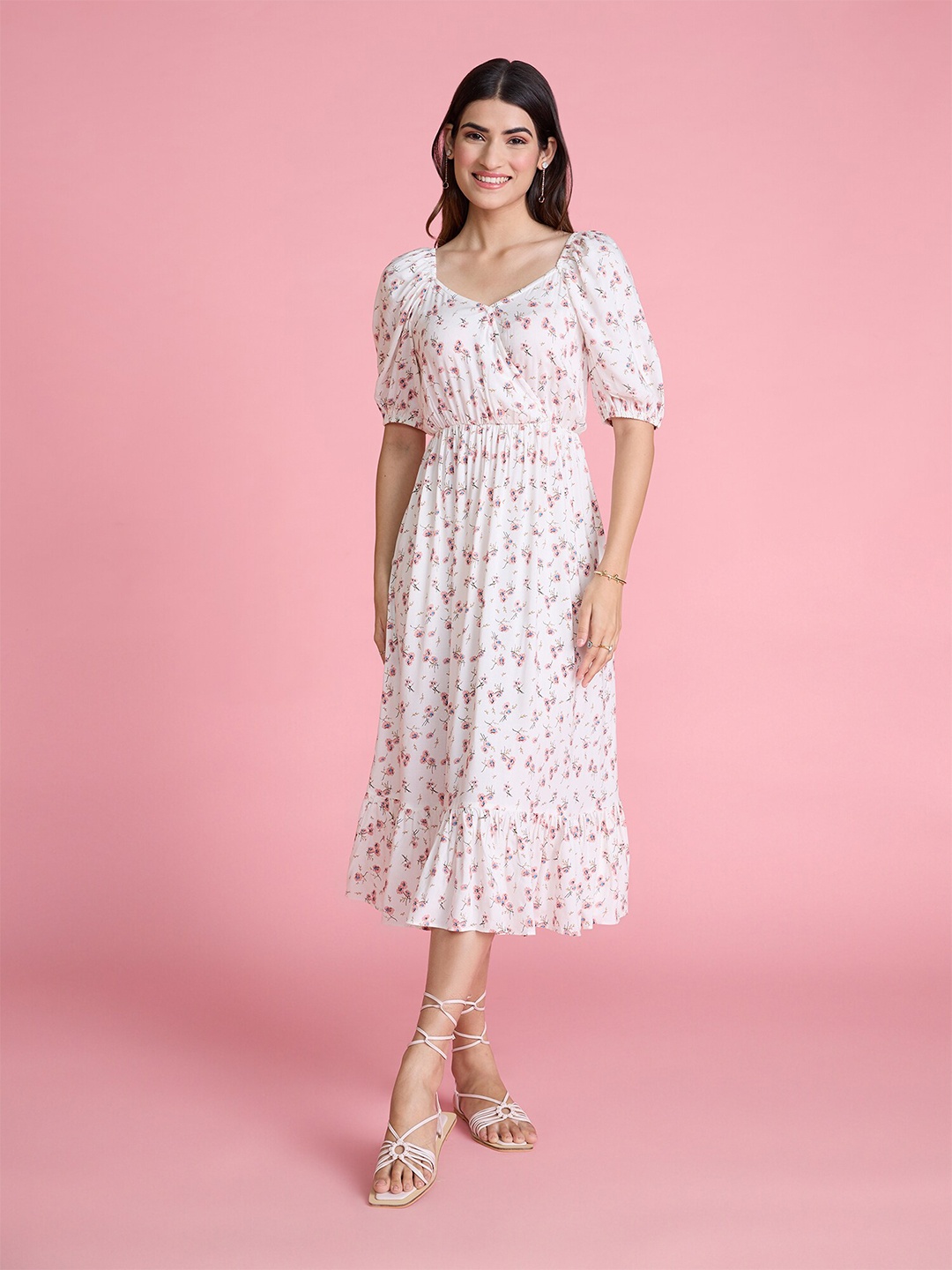 

20Dresses Floral Printed Puff Sleeves Pure Cotton Fit & Flare Midi Dress, White