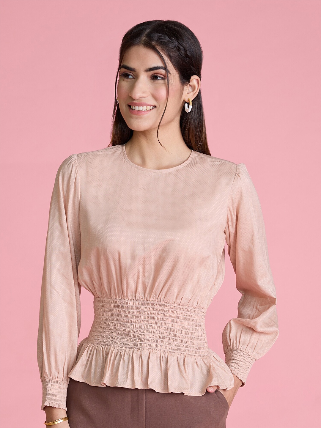 

20Dresses Peach-Coloured Puff Sleeves Cinched Waist Top