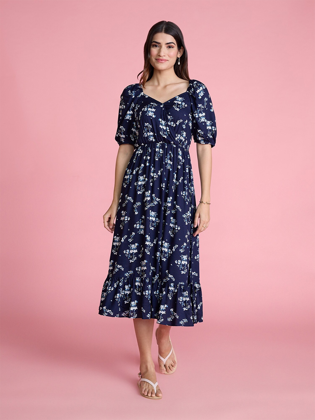 

20Dresses Floral Printed Puff Sleeves Pure Cotton Fit & Flare Midi Dress, Blue