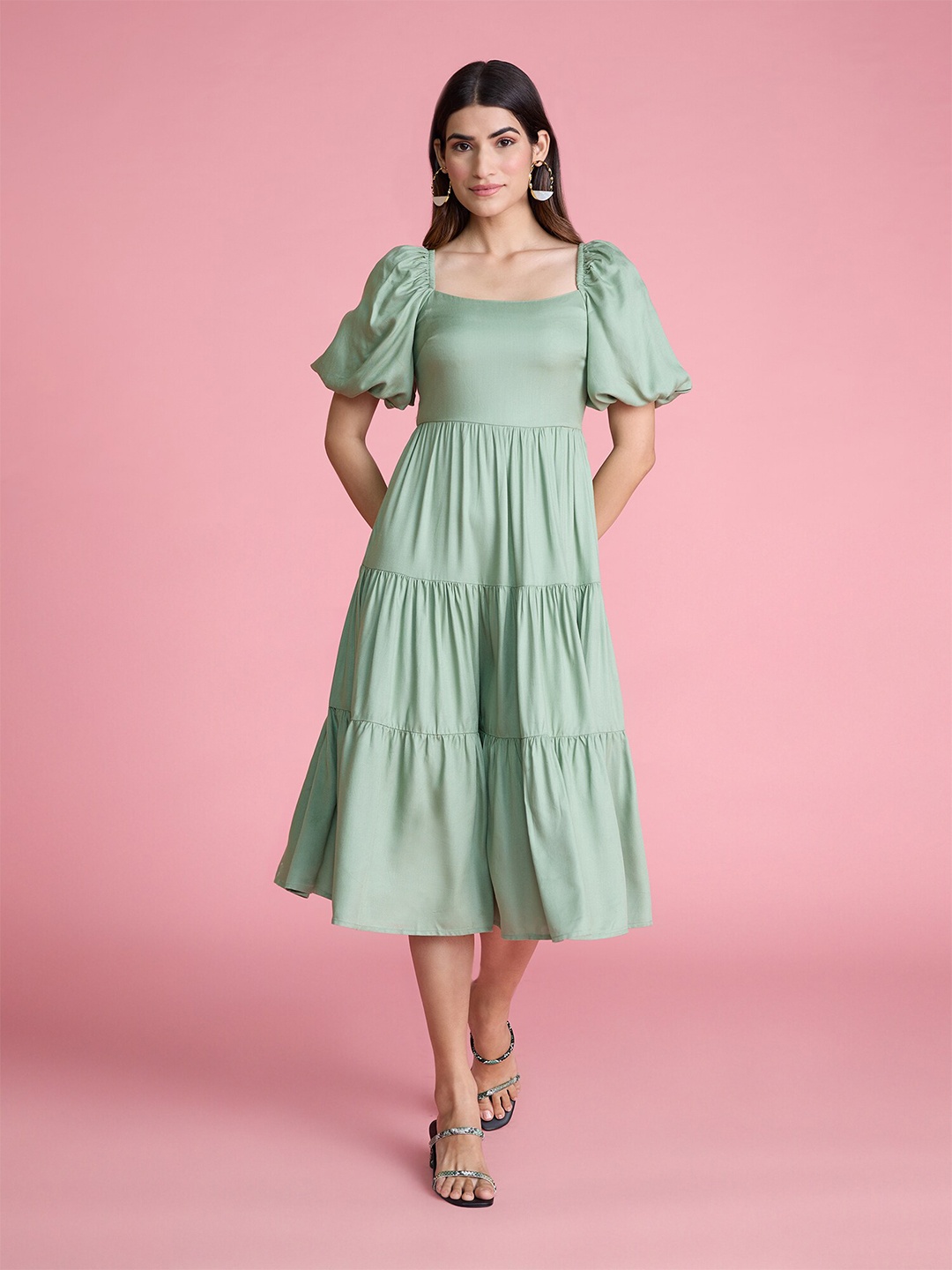 

20Dresses Puff Sleeves Tiered Fit & Flare Midi Dress, Sea green