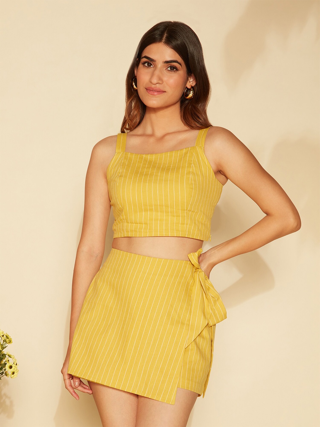 

20Dresses Yellow Striped Linen Top With Skirt