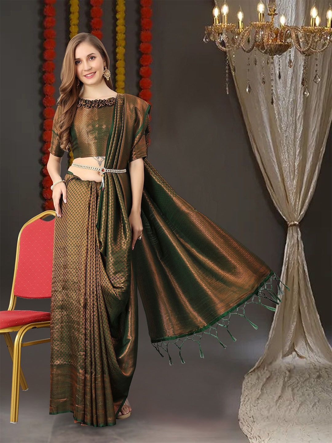 

VSaree Ethnic Woven Design Zari Silk Cotton Saree, Green