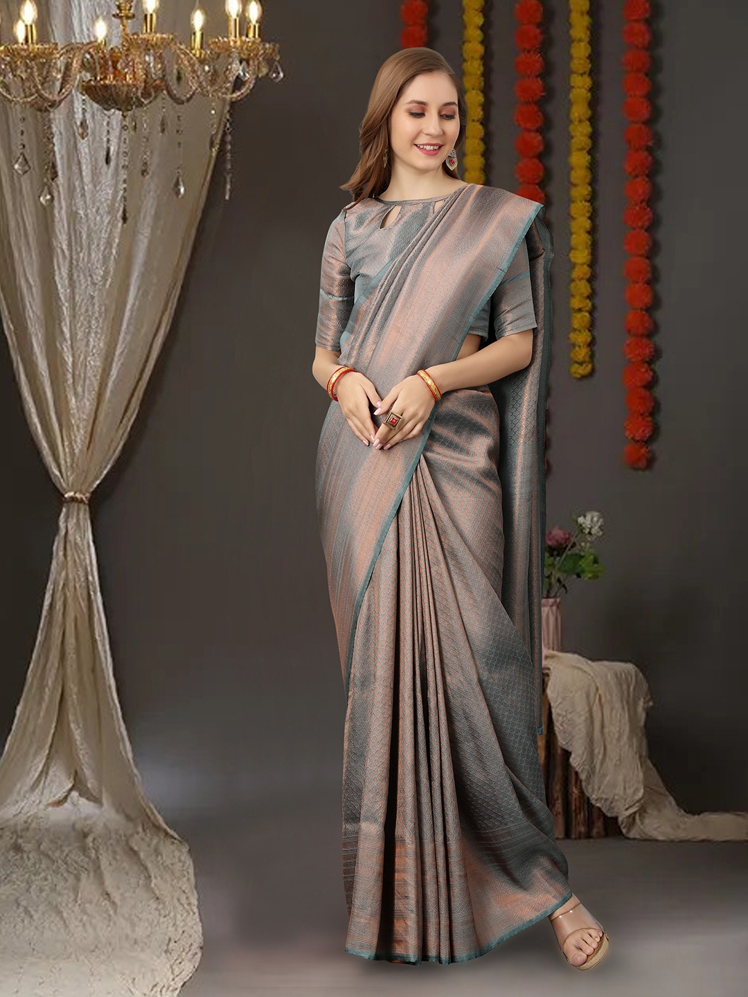 

VSaree Ethnic Woven Design Zari Silk Cotton Saree, Grey