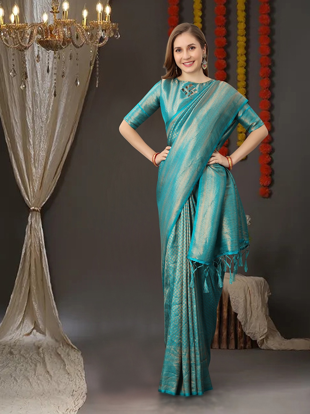 

VSaree Ethnic Woven Design Zari Silk Cotton Saree, Turquoise blue