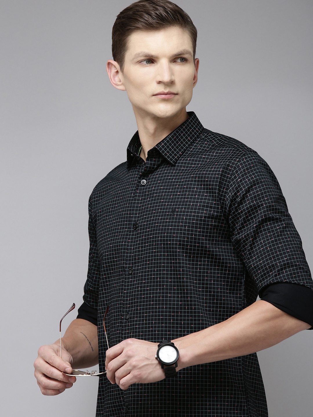 

V Dot Men Slim Fit Micro Checked Formal Shirt, Black