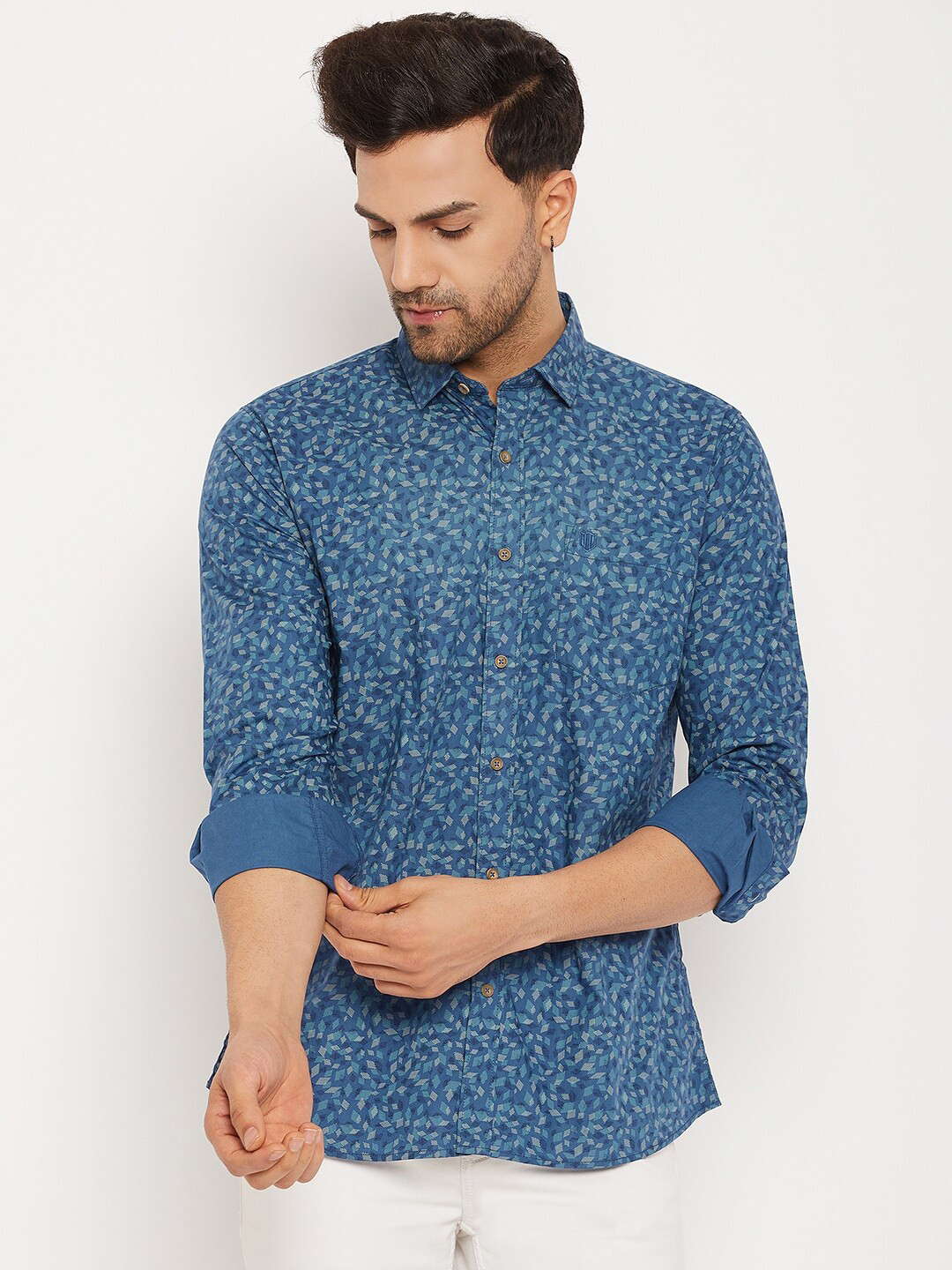 

Duke Micro Ditsy Printed Spread Collar Cotton Slim Fit Casual Shirt, Blue