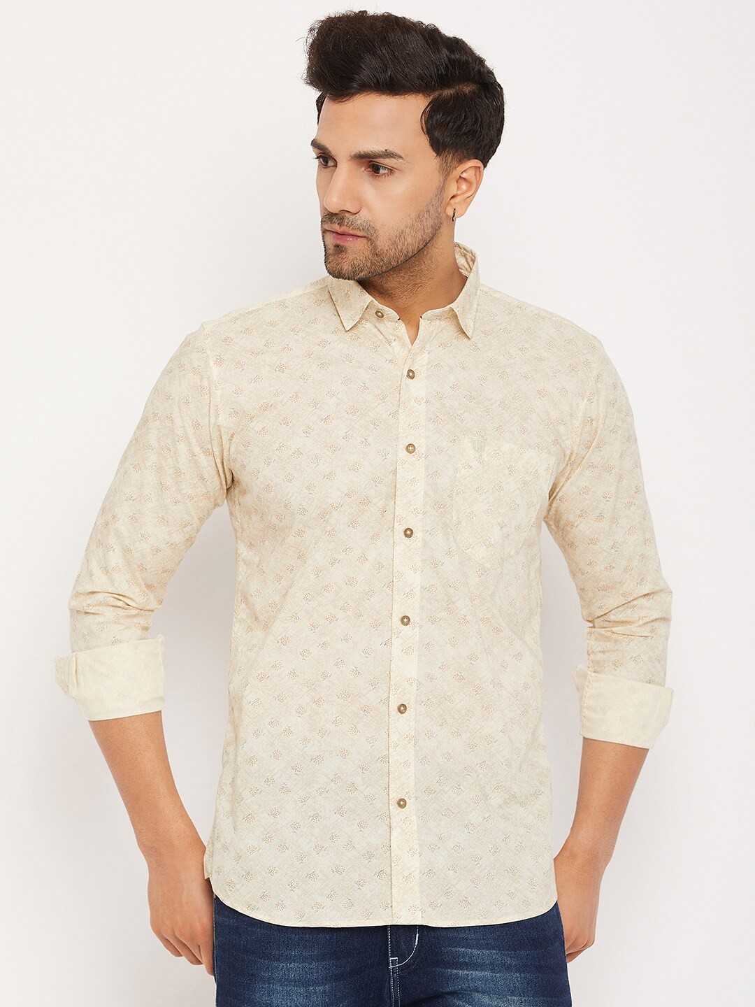 

Duke Slim Fit Micro Ditsy Printed Cotton Casual Shirt, Beige