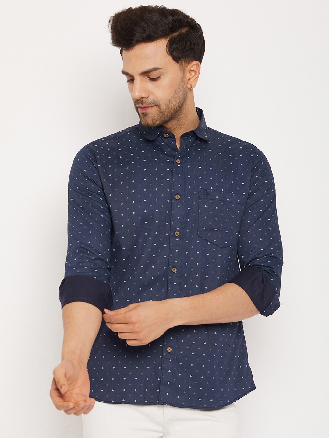 

Duke Slim Fit Opaque Printed Cotton Casual Shirt, Blue