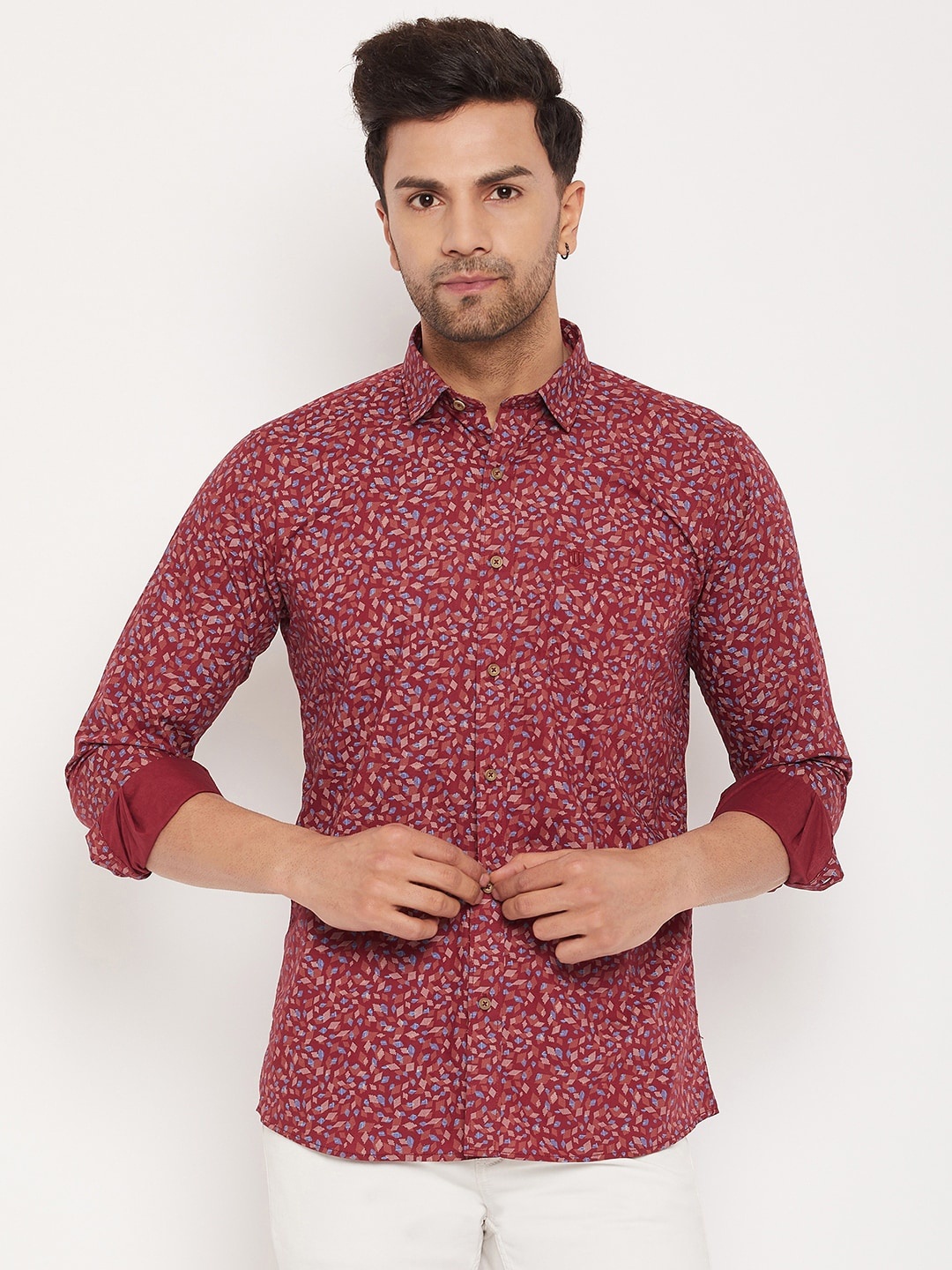 

Duke Slim Fit Geometric Printed Cotton Casual Shirt, Red