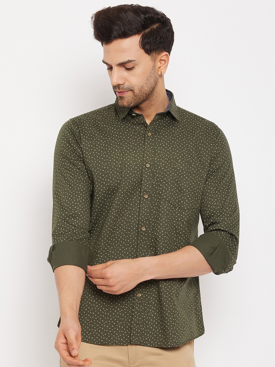 

Duke Slim Fit Micro Ditsy Printed Cotton Casual Shirt, Green