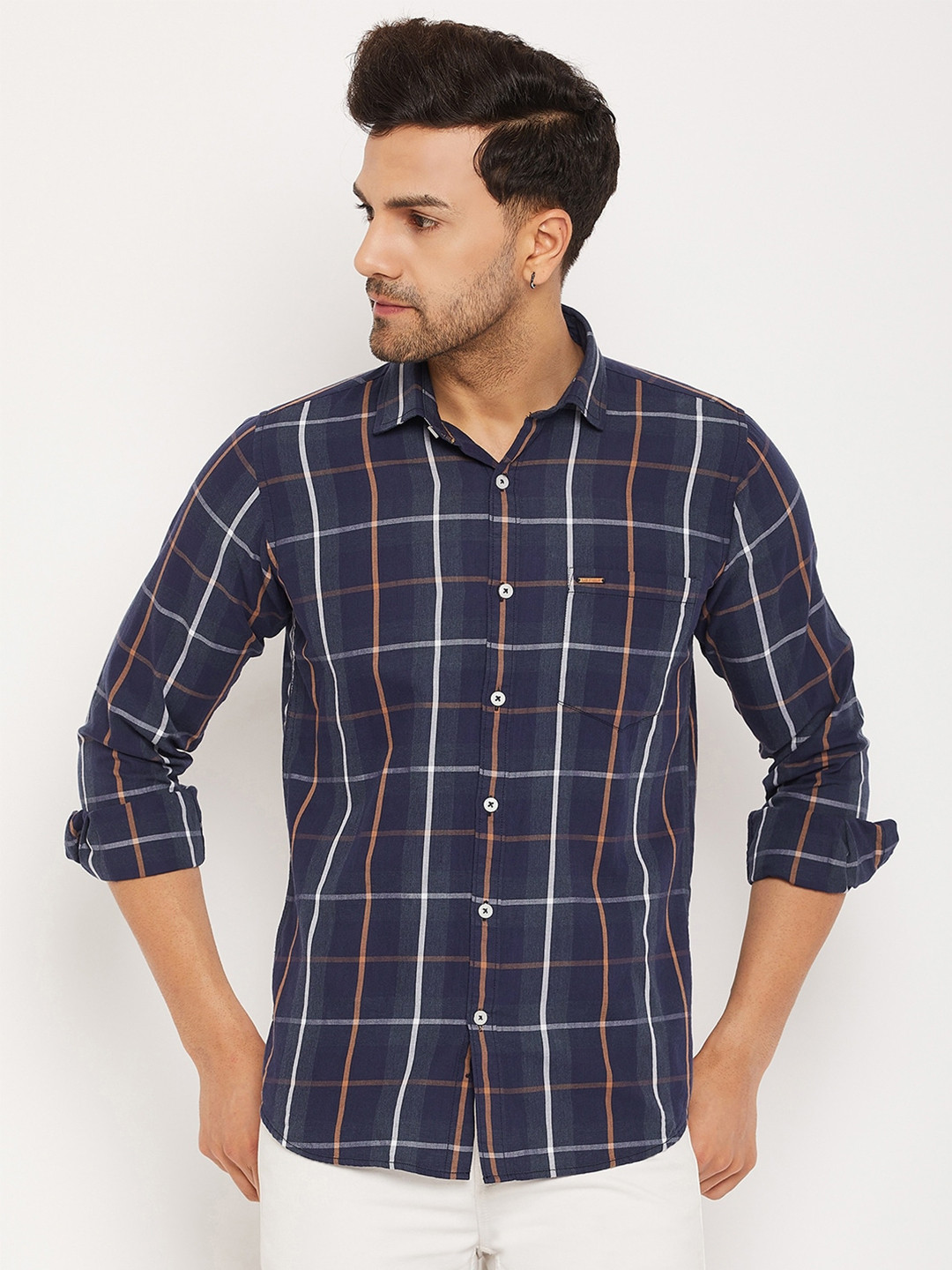 

Duke Slim Fit Tartan Checks Cotton Casual Shirt, Blue