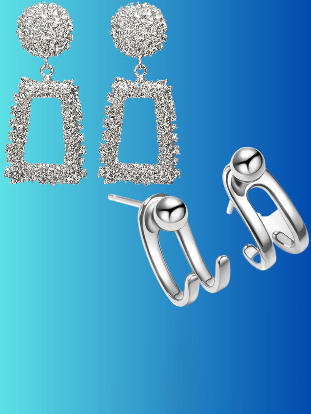 

Pinapes Set Of 2 Silver-Plated Contemporary Drop Earrings
