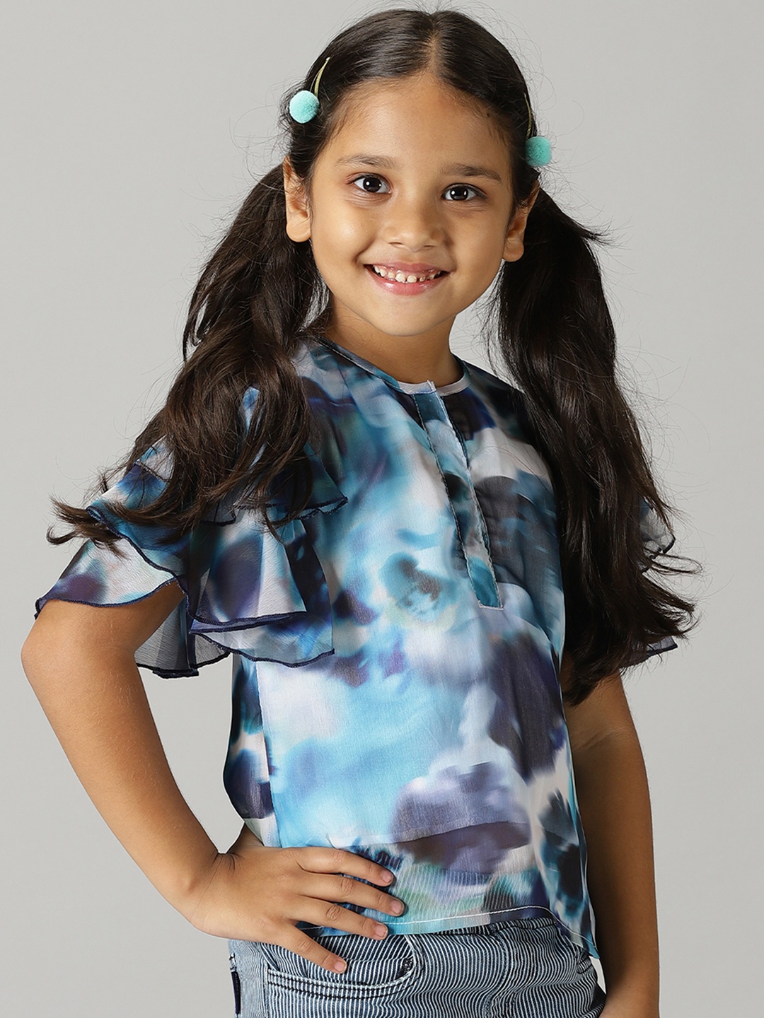 

KiddoPanti Girls Tie and Dyed Flutter Sleeve Georgette Top, White