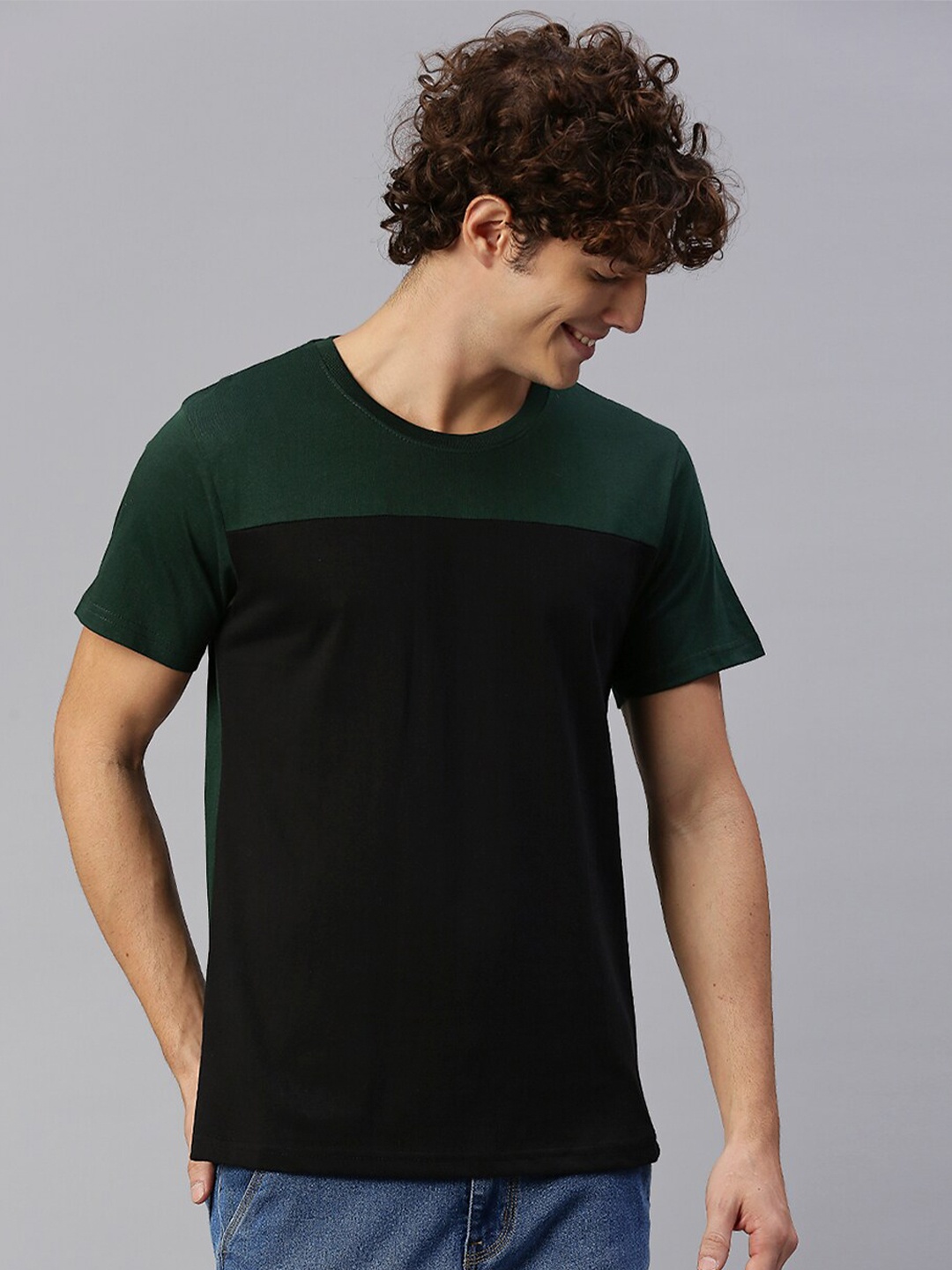 

High Star Colourblocked Round Neck Pure Cotton T-shirt, Olive
