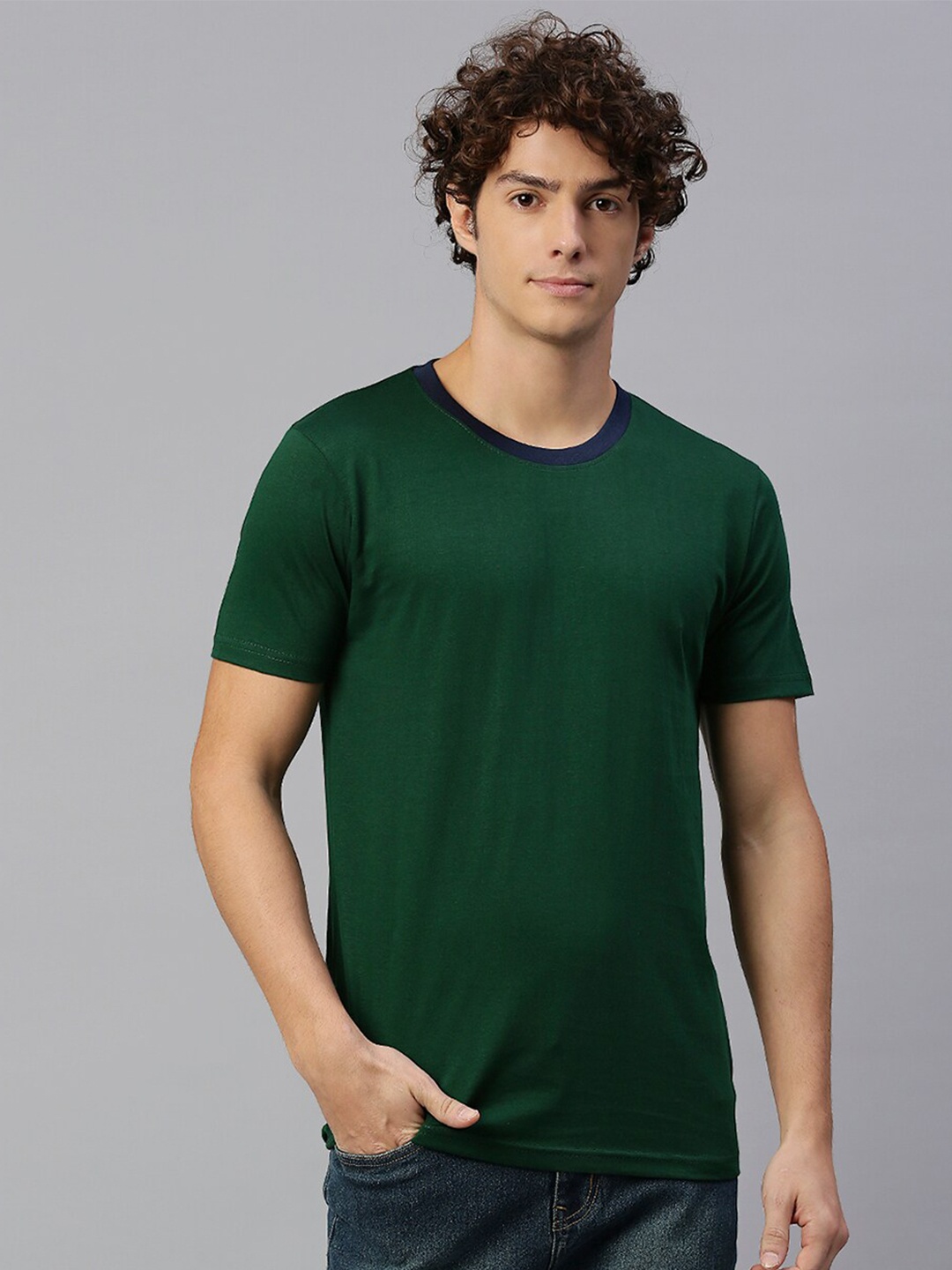 

High Star Round Neck Pure Cotton T-shirt, Green