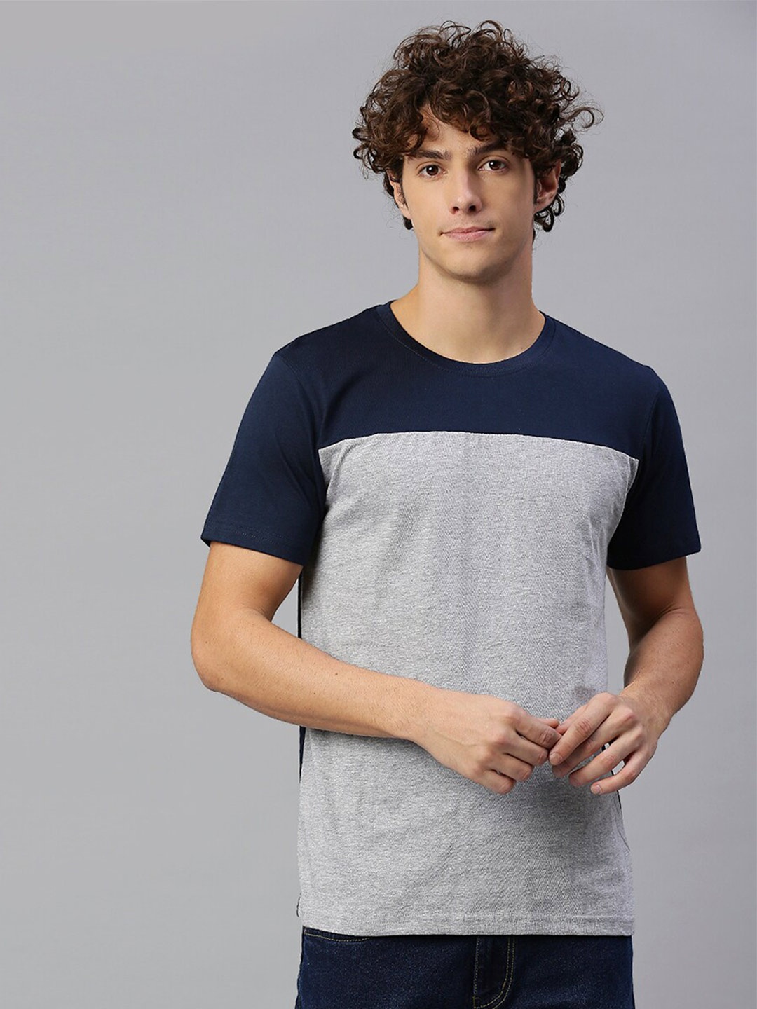 

High Star Colourblocked Round Neck Pure Cotton T-shirt, Navy blue