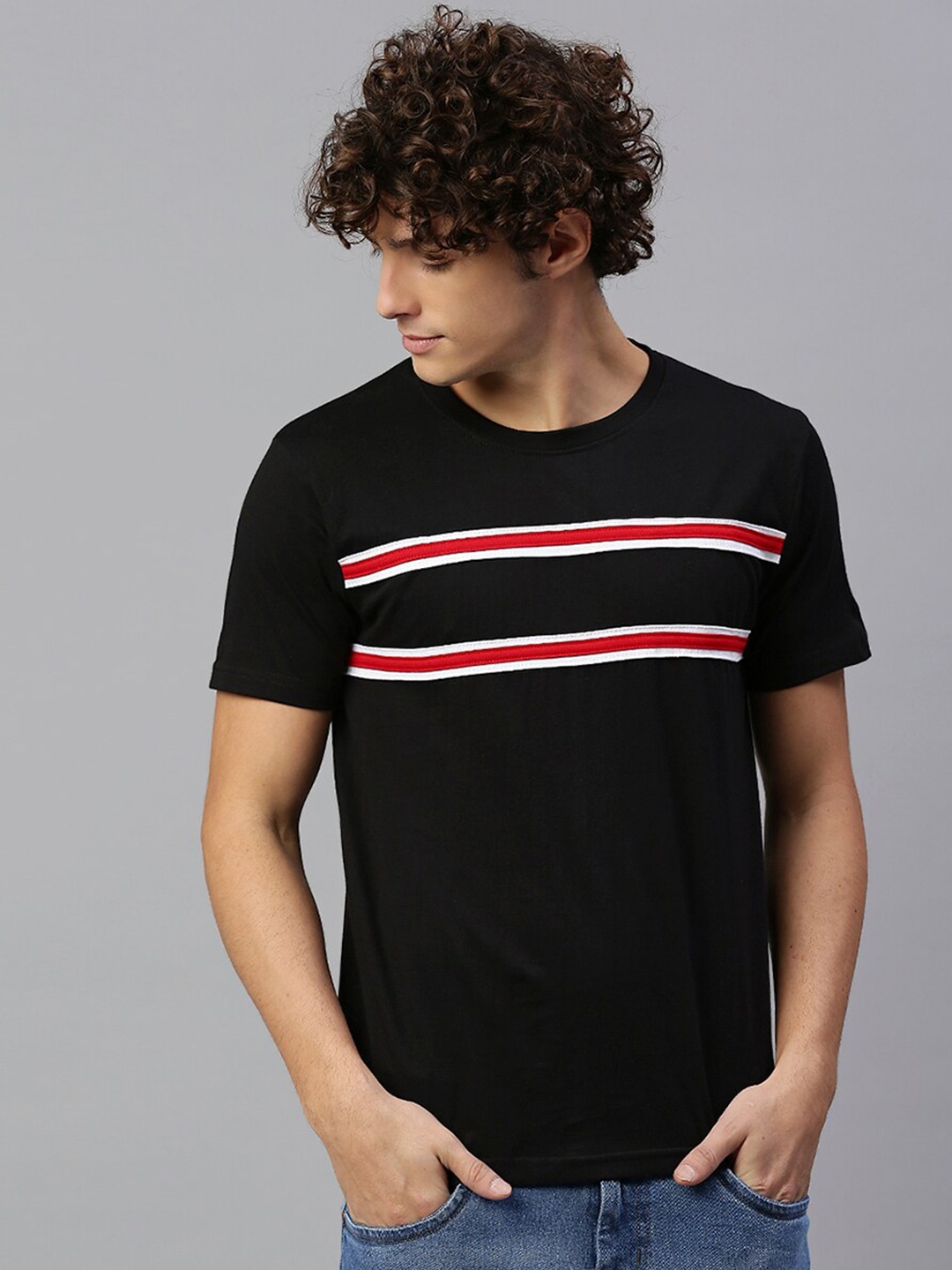 

High Star Striped Round Neck Pure Cotton T-shirt, Black