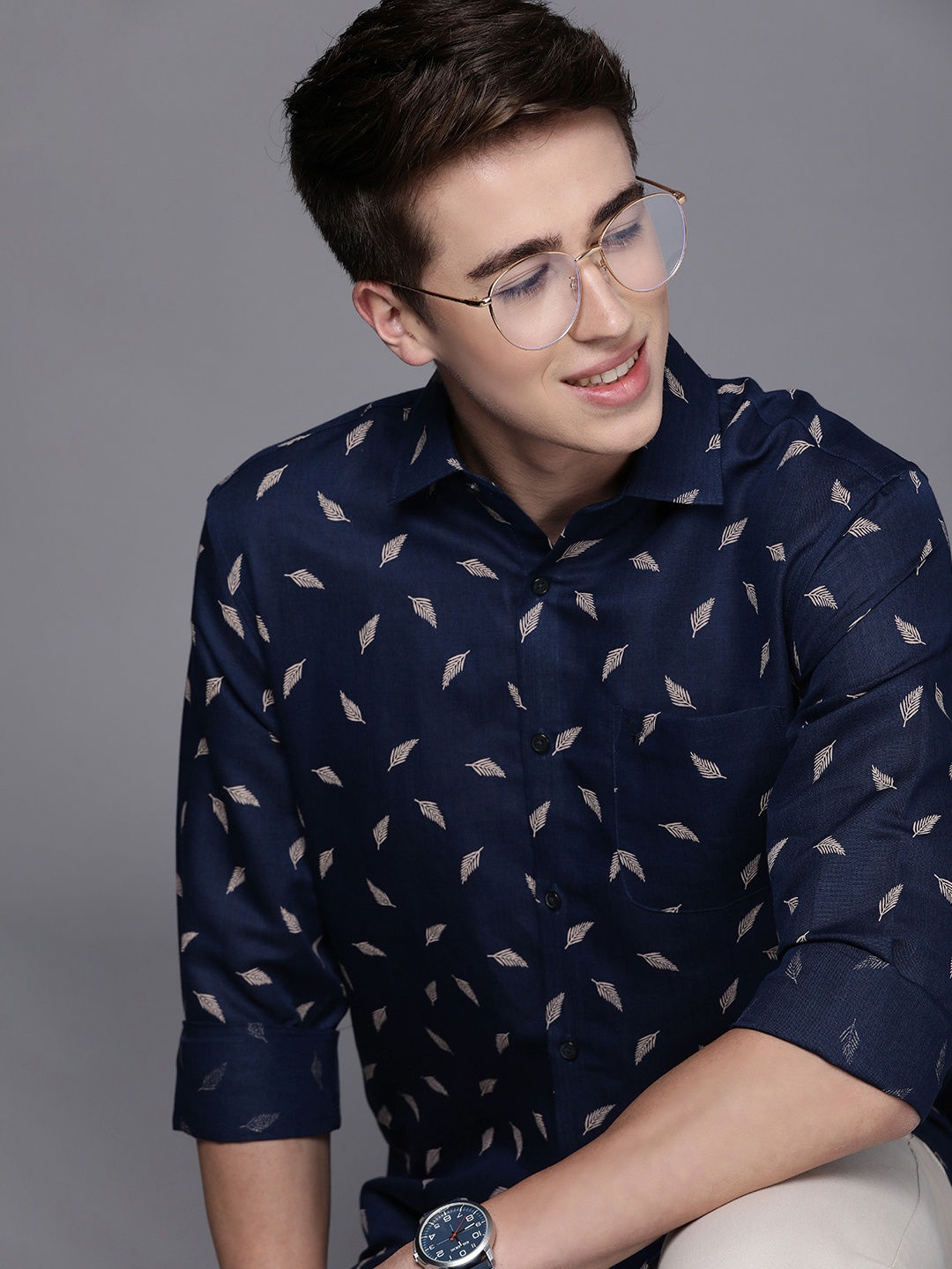 

Allen Solly Slim Fit Floral Printed Cotton Linen Casual Shirt, Navy blue