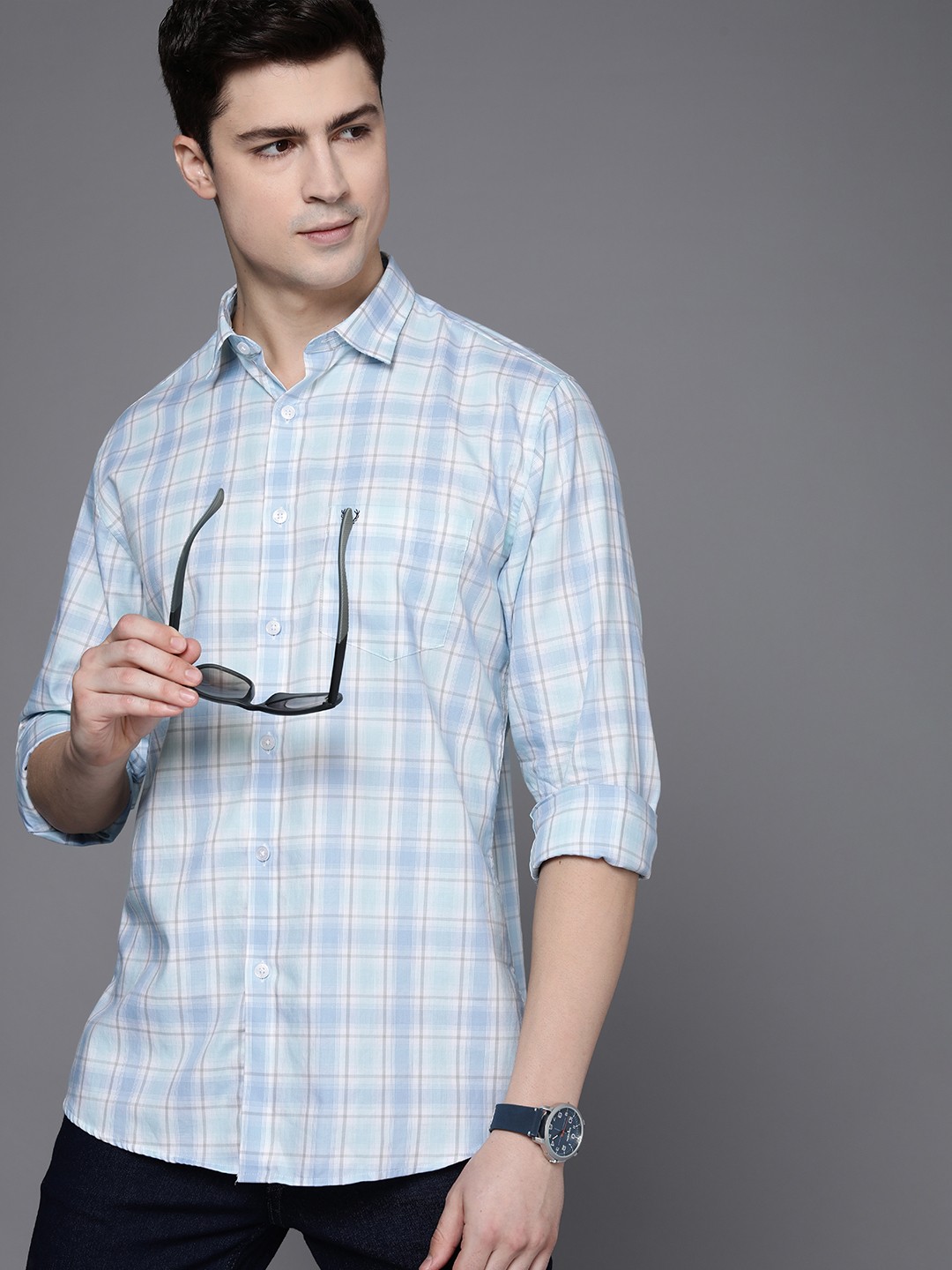 

Allen Solly Men Slim Fit Opaque Checked Casual Shirt, Blue