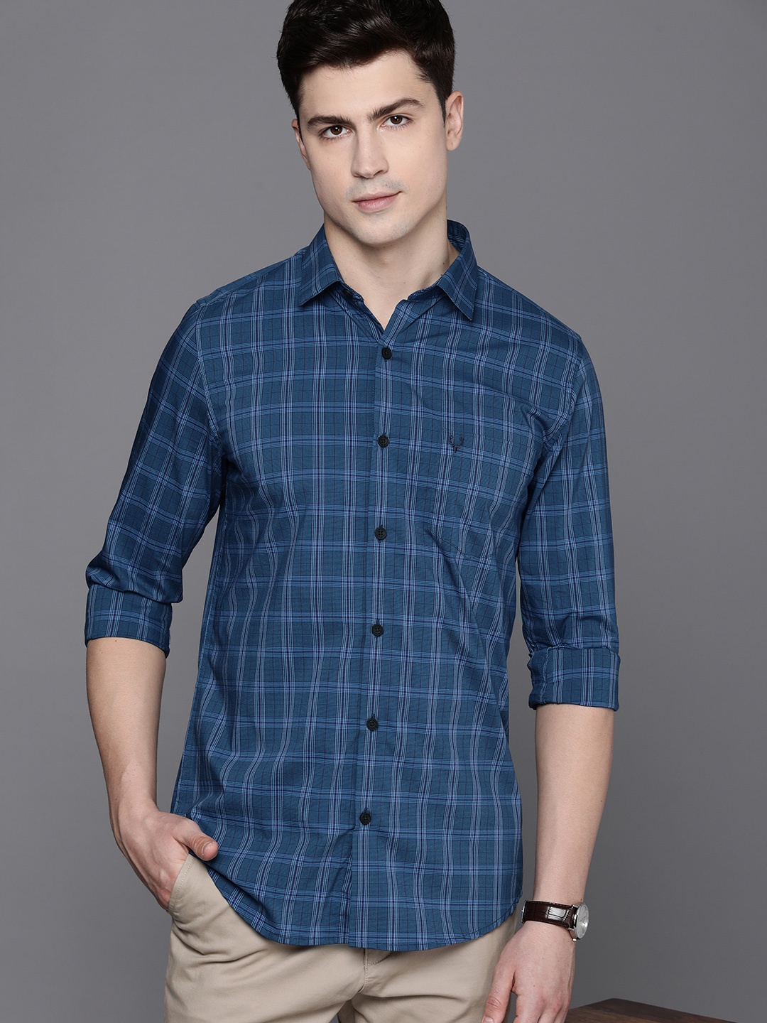 

Allen Solly Men Slim Fit Opaque Checked Casual Shirt, Blue