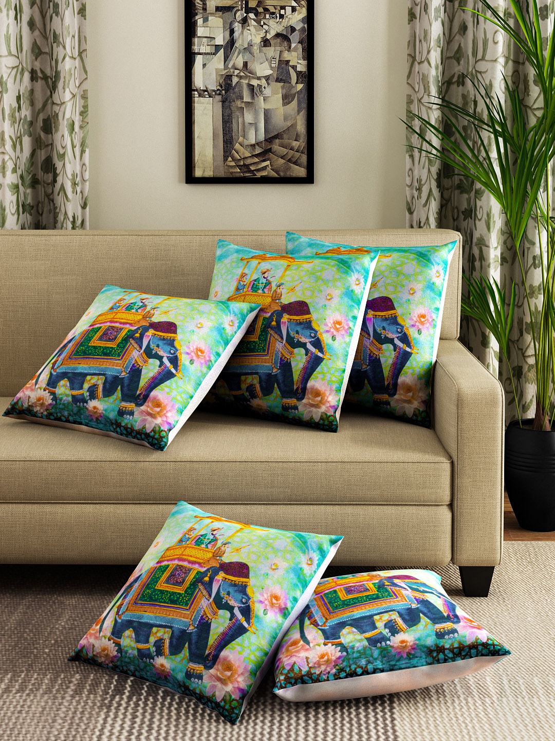 

Dreamscape Blue Set of 5 Ethnic Motifs Square Cushion Covers