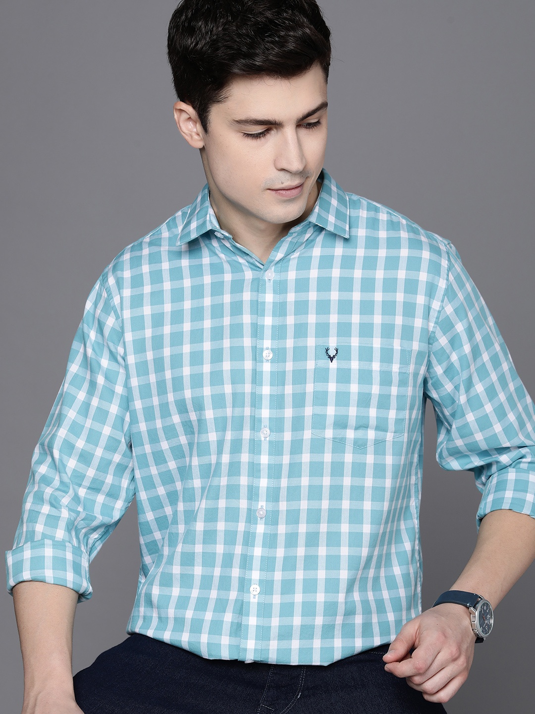 

Allen Solly Men Slim Fit Opaque Checked Casual Shirt, Turquoise blue