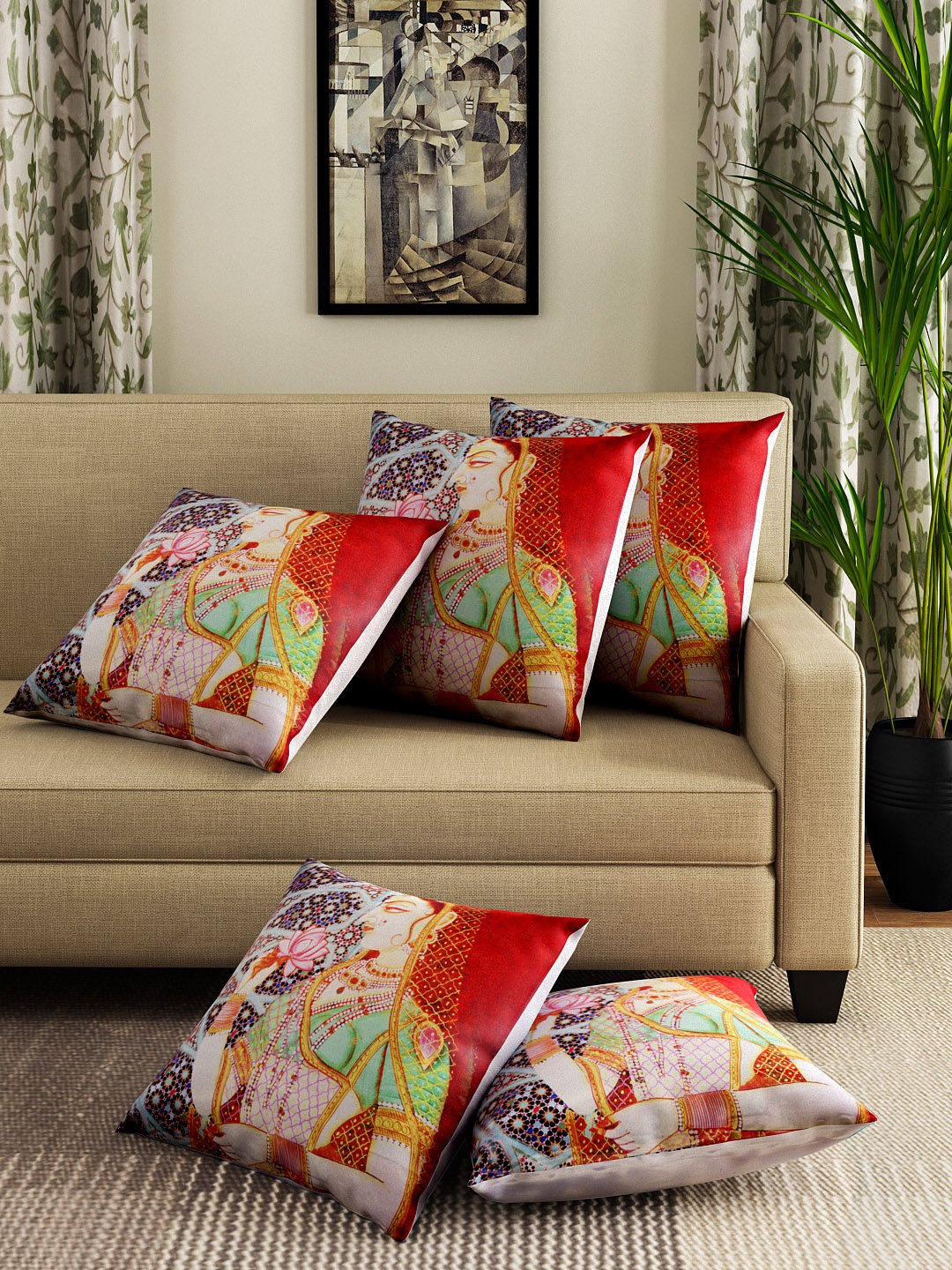 

Dreamscape Orange Set of 5 Ethnic Motifs Square Cushion Covers