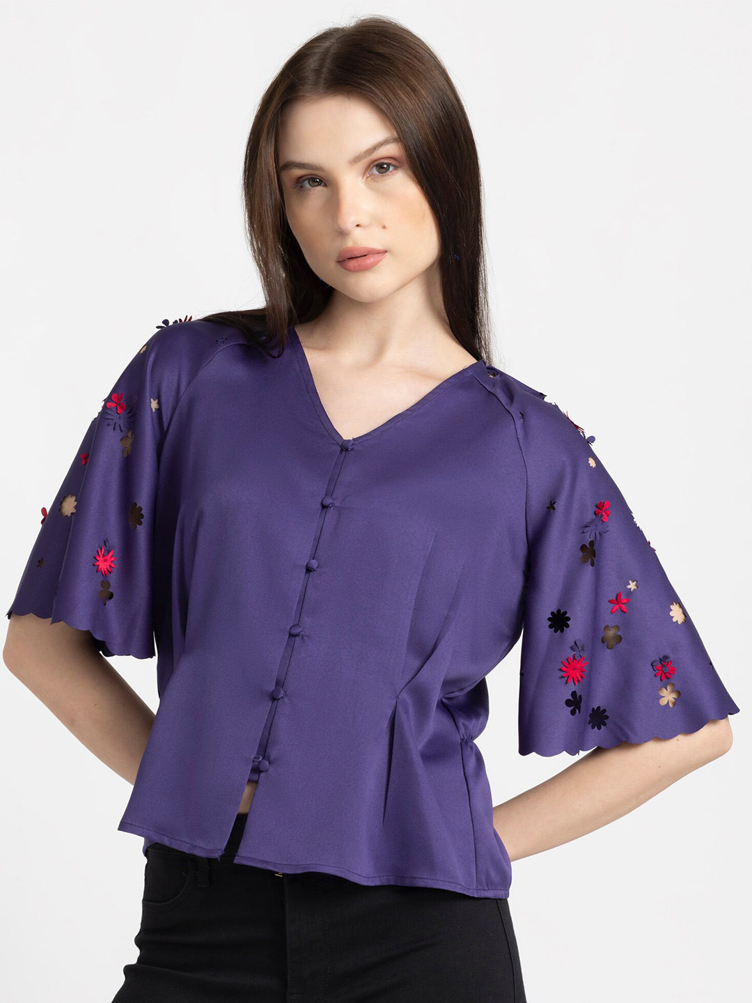 

SHAYE Comfort V-Neck Raglan Sleeves Satin Top, Purple
