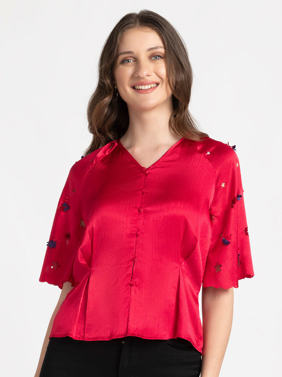 

SHAYE Comfort V-Neck Raglan Sleeves Satin Top, Red