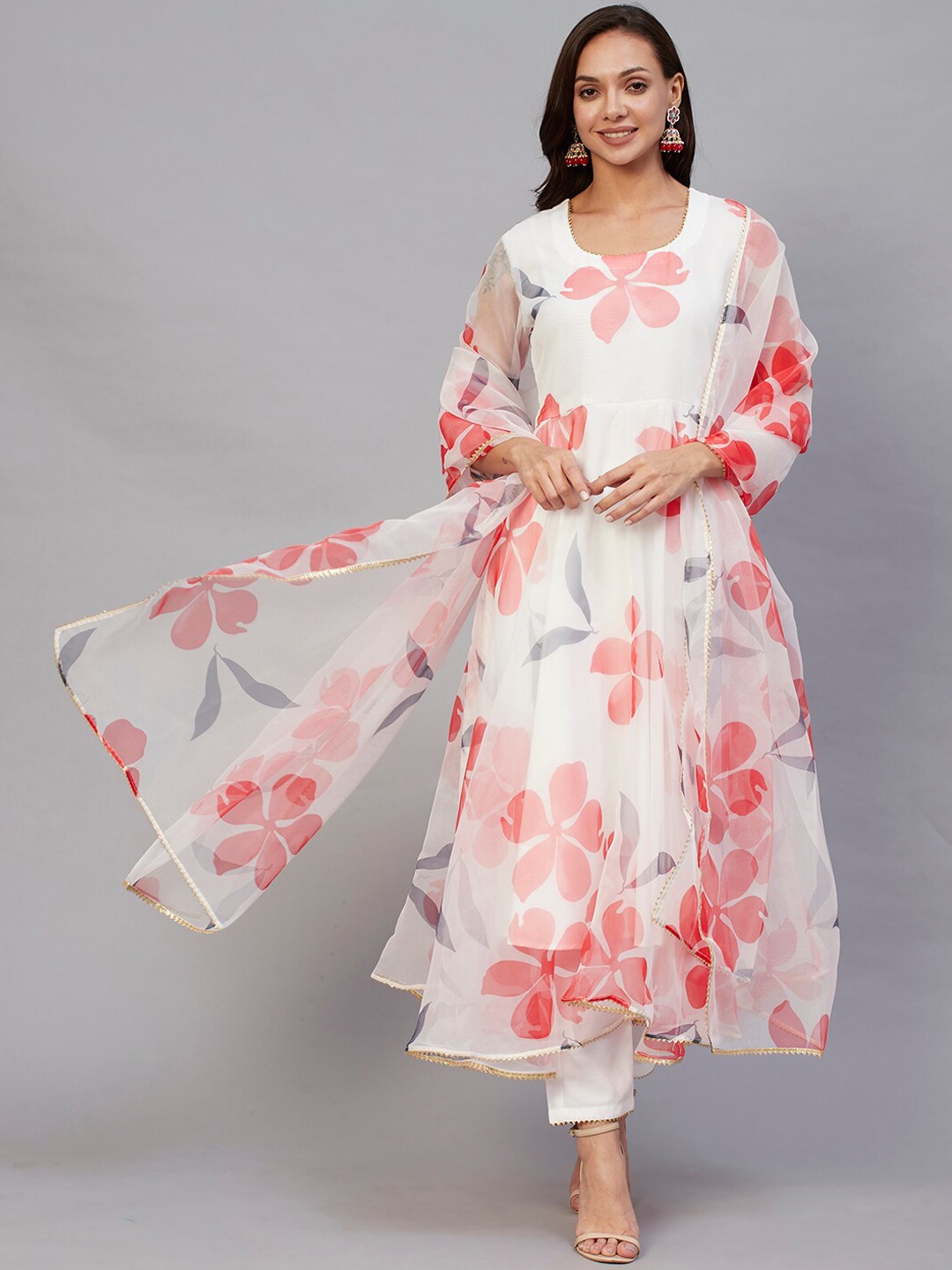 

KALINI White & Red Floral Printed Gotta Patti Kurta with Trousers & Dupatta