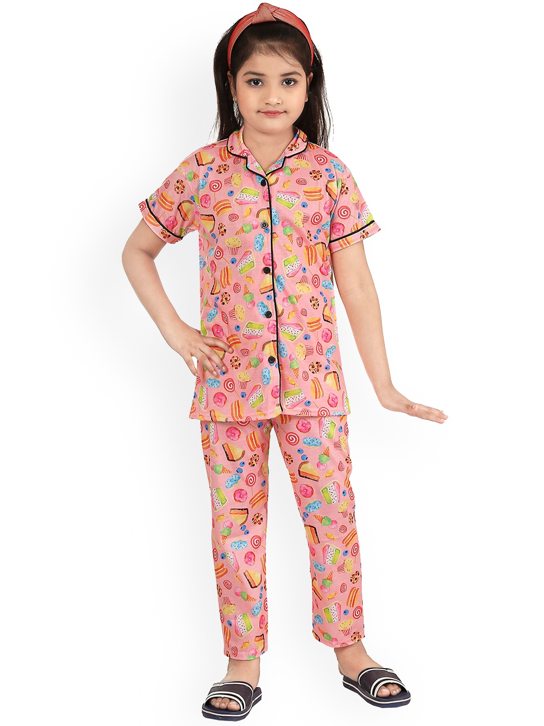 

BURBN Girls Conversational Printed Night Suit, Pink
