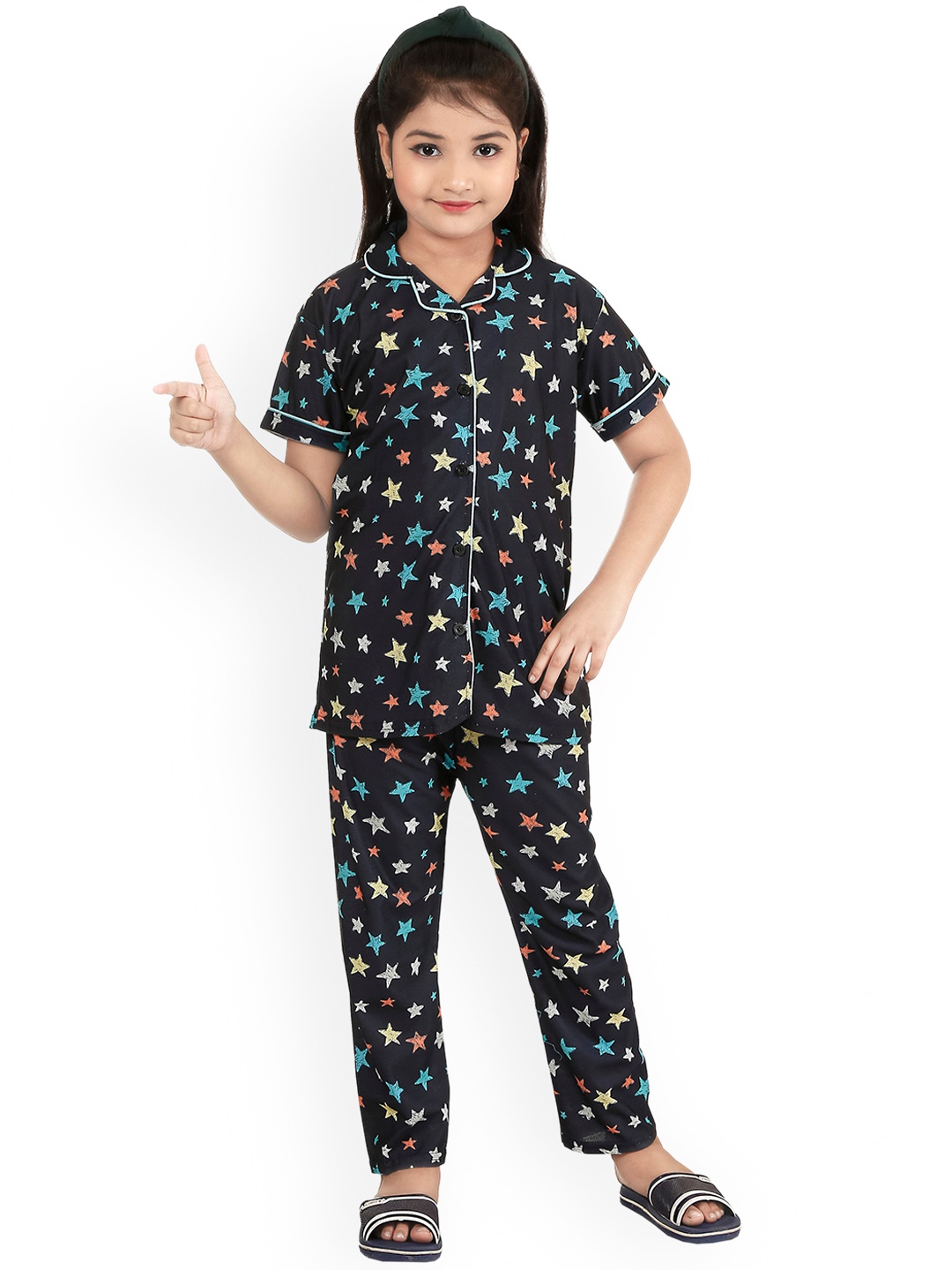 

BURBN Girls Conversational Printed Night Suit, Navy blue