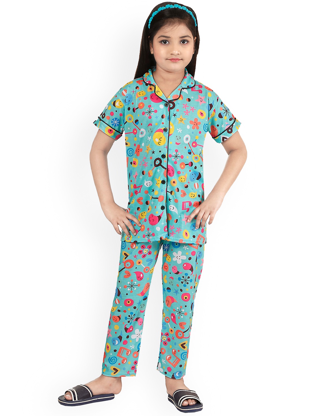 

BURBN Girls Conversational Printed Night Suit, Blue