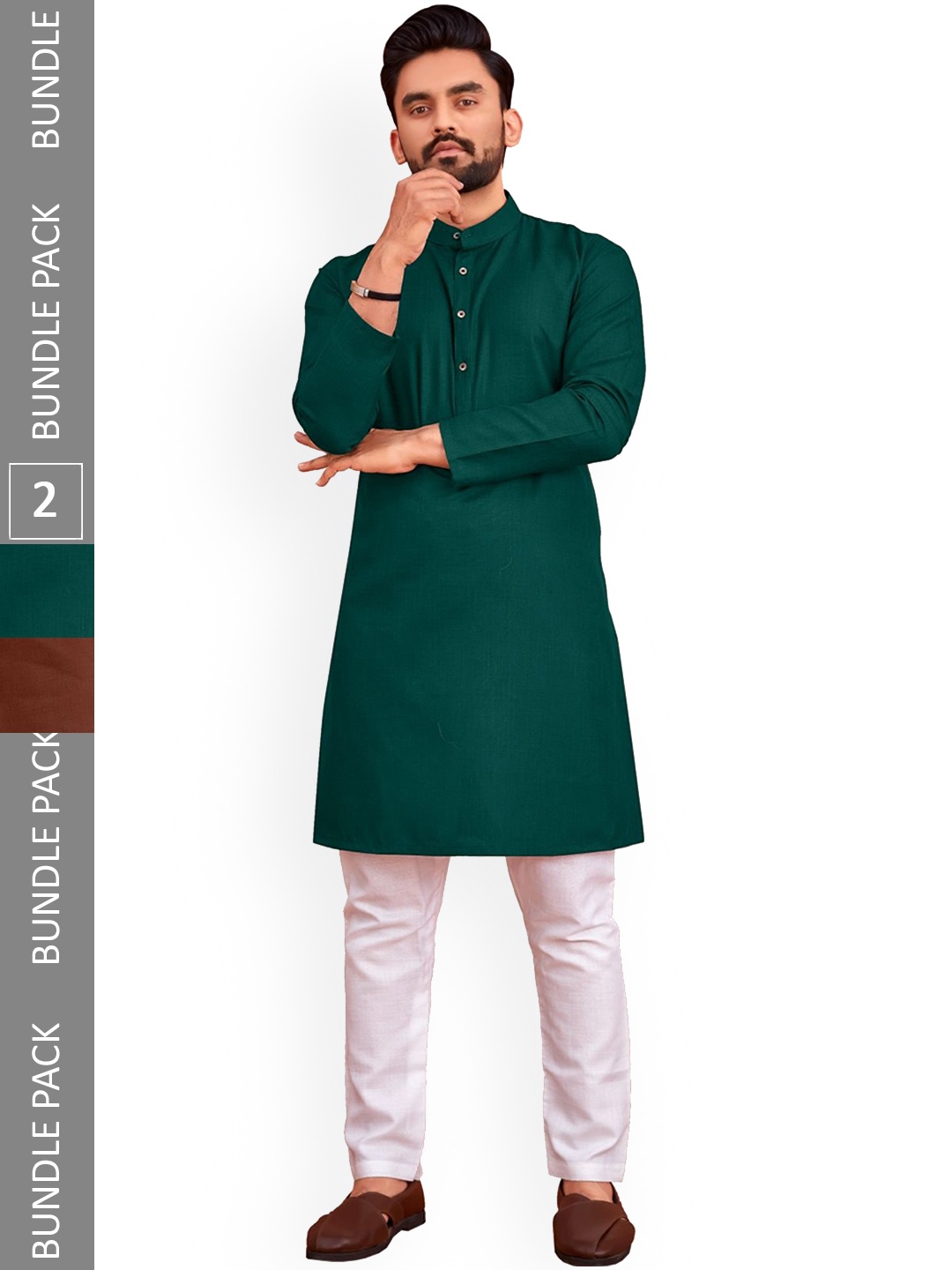 

allan peter Pack Of 2 Shirt Collar Pathani Pure Cotton Kurtas, Green