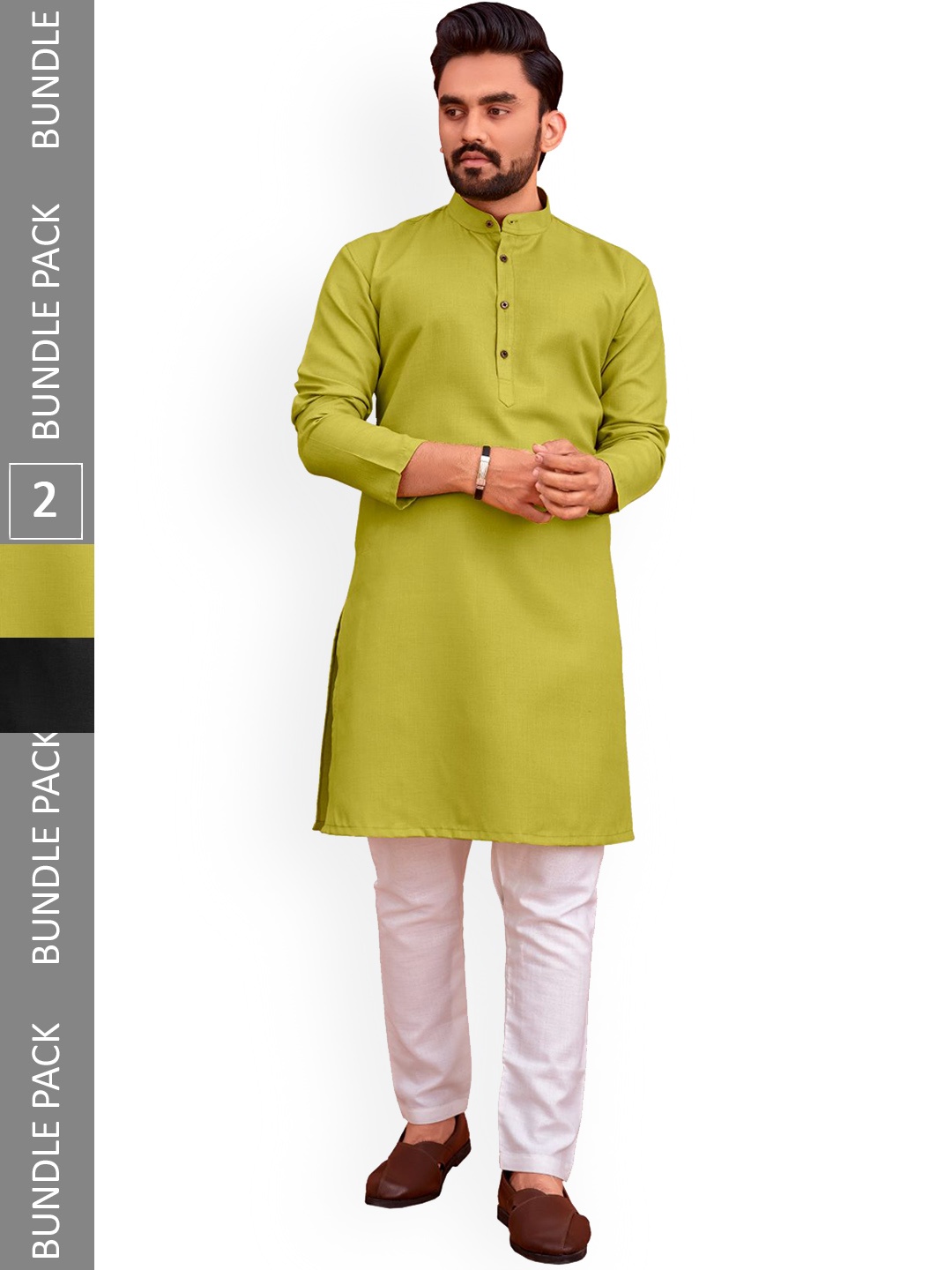 

allan peter Pack of 2 Mandarin Collar Pathani Pure Cotton Kurtas, Green