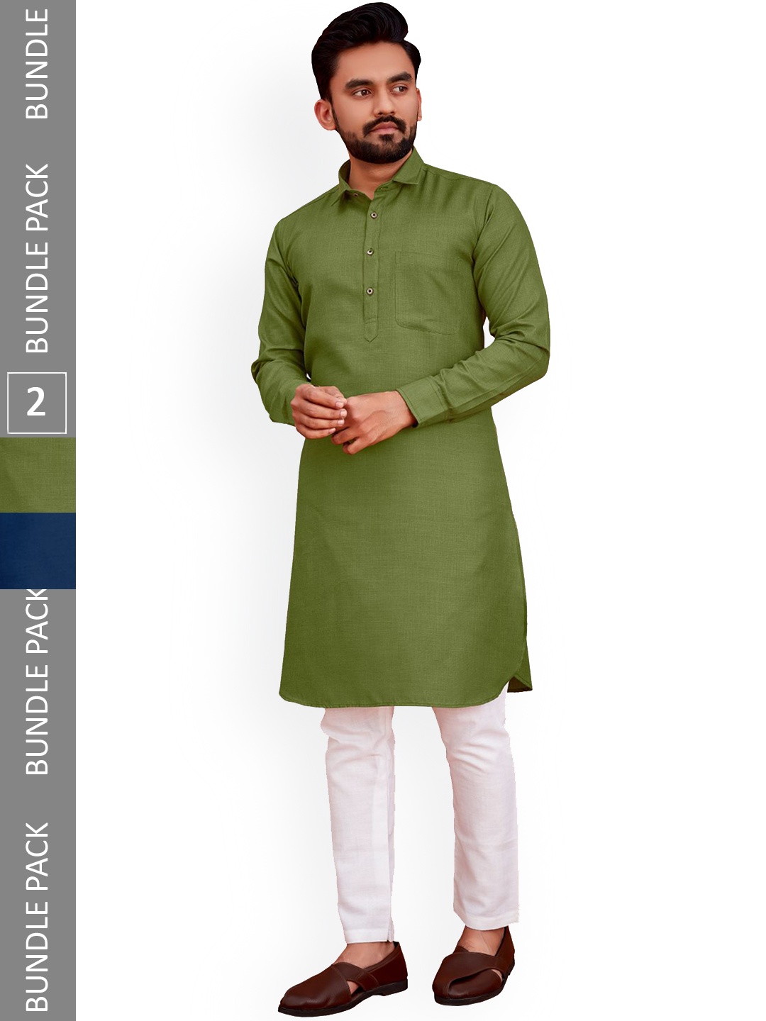 

allan peter Pack Of 2 Shirt Collar Pathani Pure Cotton Kurtas, Green